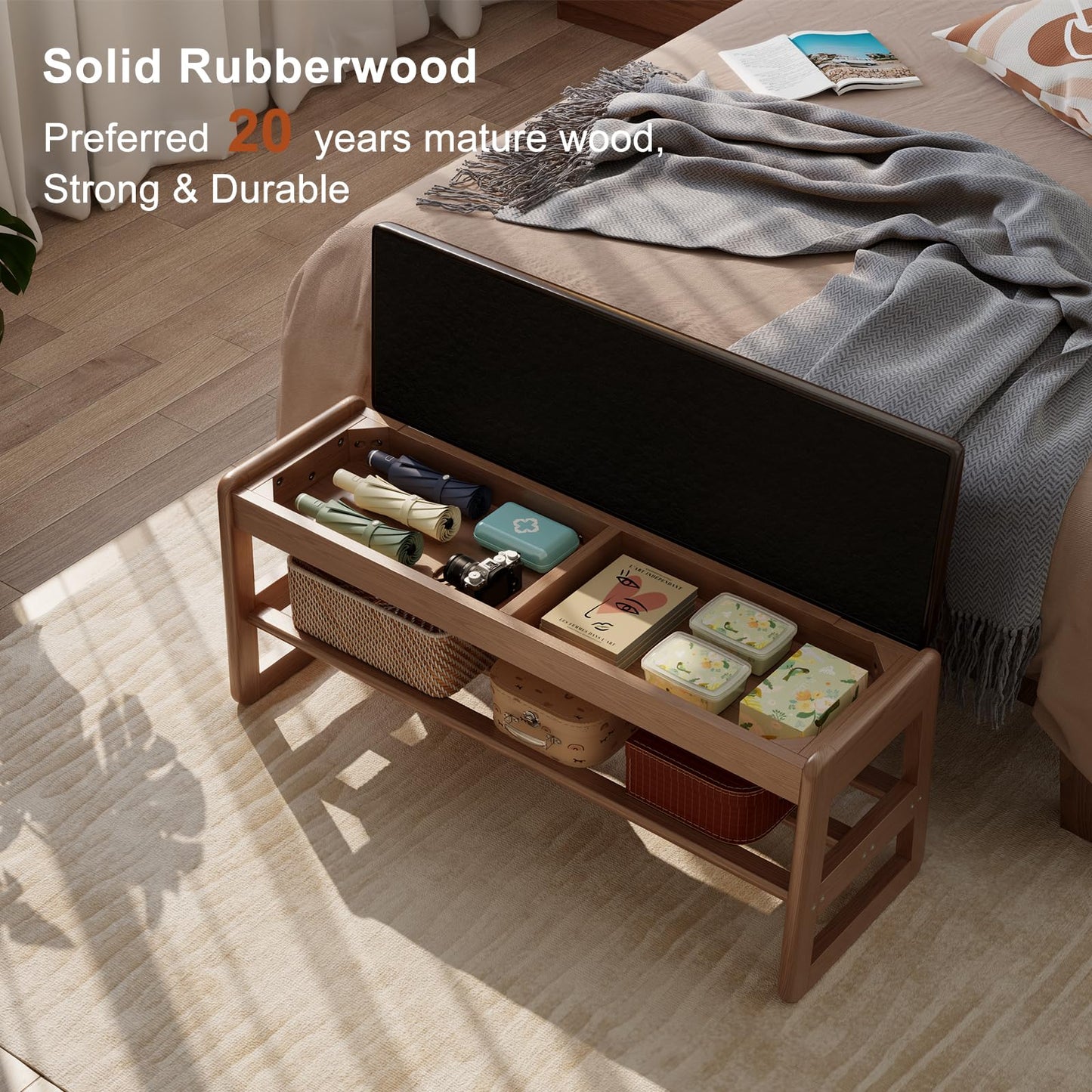 AQIMUELE Shoe Rack Bench,2 Tiers Shoe Bench with Storage with Flip-Top,Wood Shoe Rack for Entryway,Hallway（Dark Walnut Upholstered Seat,11.8" D x 39.3" W x 15.7" H）
