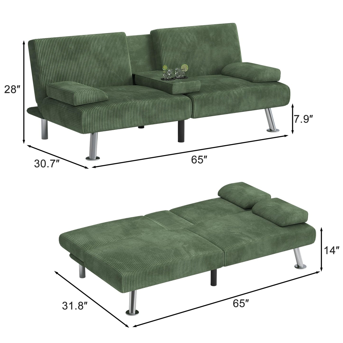 Shahoo Modern Upholstered Convertible Folding Futon Sofa Bed with Removable Armrests, Metal Legs, 2 Cup Holders for Living Room, Green