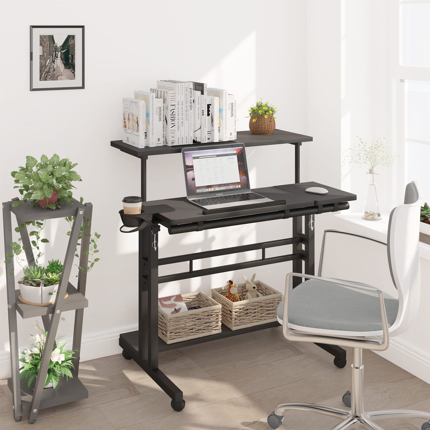 Mobile Standing Desk, Adjustable Rolling Computer Desk with 3 Desktops, Portable Laptop Table with Cup Holder, Home Office Laptop Workstation on Lockable Wheels, Black