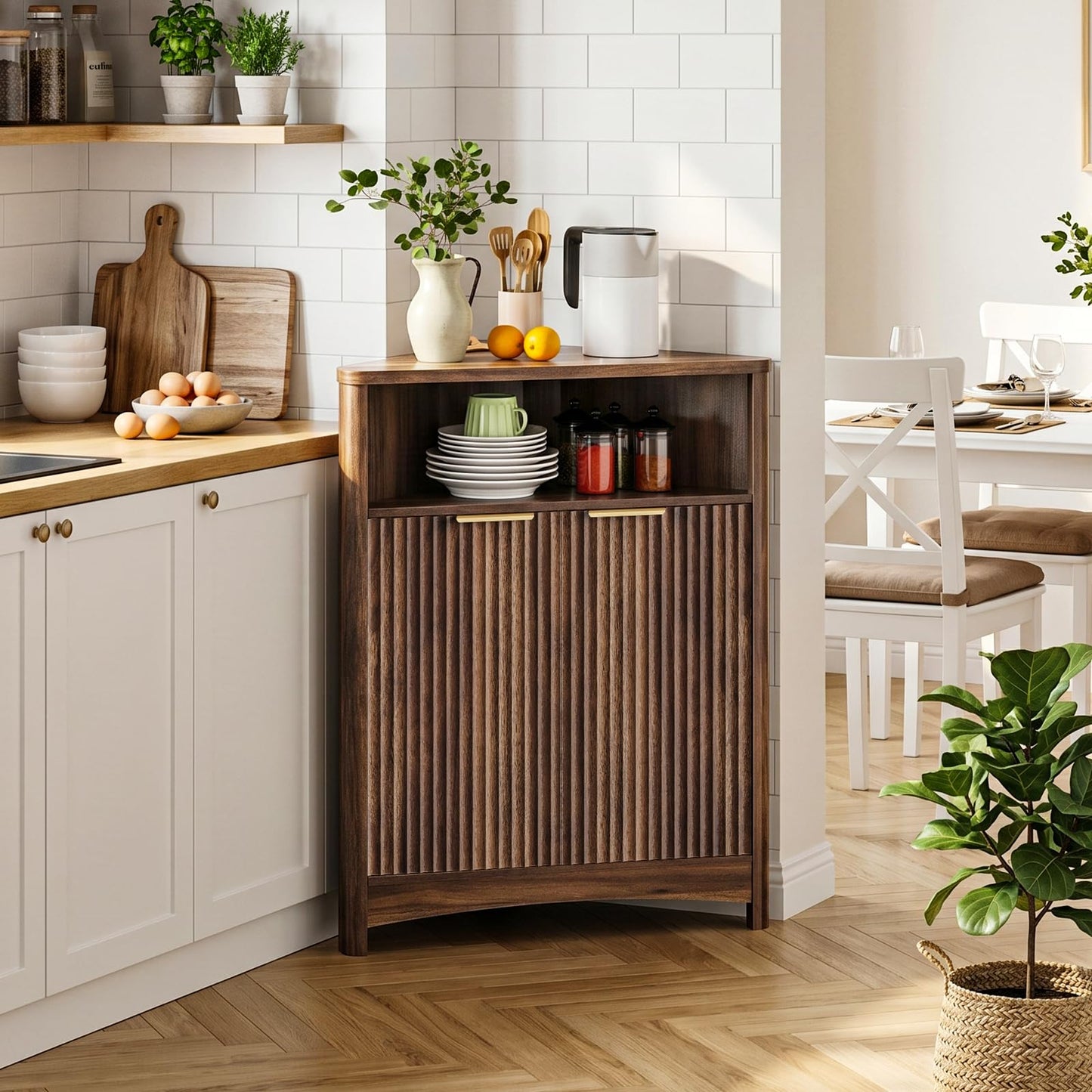 CHOEZON Corner Cabinet, Corner Storage with Fluted Panels and Adjustable Shelf, Modern Floor Cabinets for Small Spaces, Bathroom, Living Room, Kitchen, Walnut MCW23HT