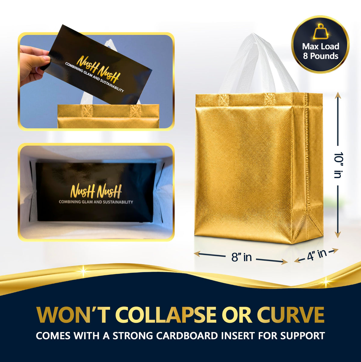 Nush Nush Set of 60 Gold Gift Bags Bulk – Medium Size Reusable Gold Gift Bags With Handles - Perfect Party Favor Bag for Christmas, Wedding, Bachelorette Party Favors and Goodies – 8W x 4D x 10H