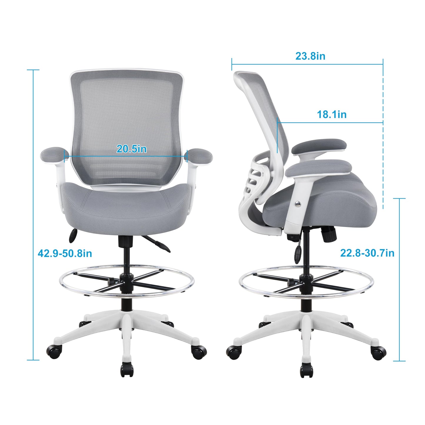 BOLISS 400lbs Mesh Ergonomic Office Drafting Chair Big Adjustable Foot Ring Height Adjustable Armrest (Grey)