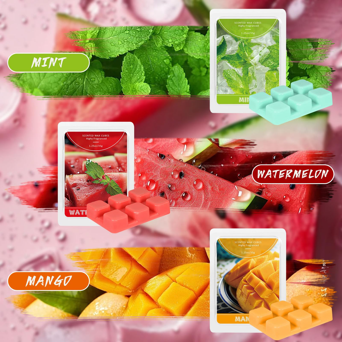 SCENTORINI Wax Melts, Scented Wax Cubes Strong Scent, Summer Scents Soy Wax for Wax Warmer - Pineapple, Watermelon, Strawberry, Mango, Passion Fruit, Mint, 6 Pack