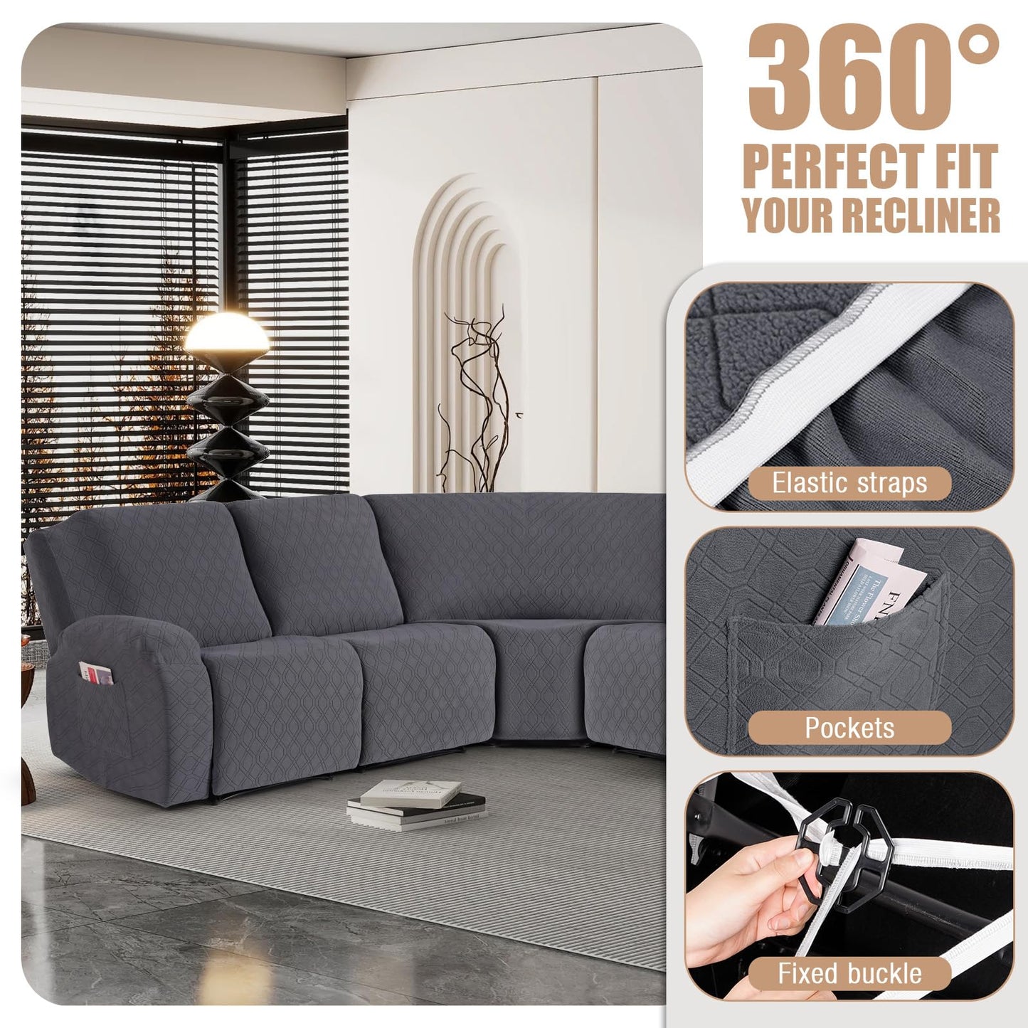 VANSOFY Extra Large Reclining Sectional Couch Covers, Washable 5-Piece Sofa Covers for L Shape Sectional Sofa Corner Seater, Thick, Soft Sofa Slipcovers (5 Seat Recliner Cover,Charcoal Gray)