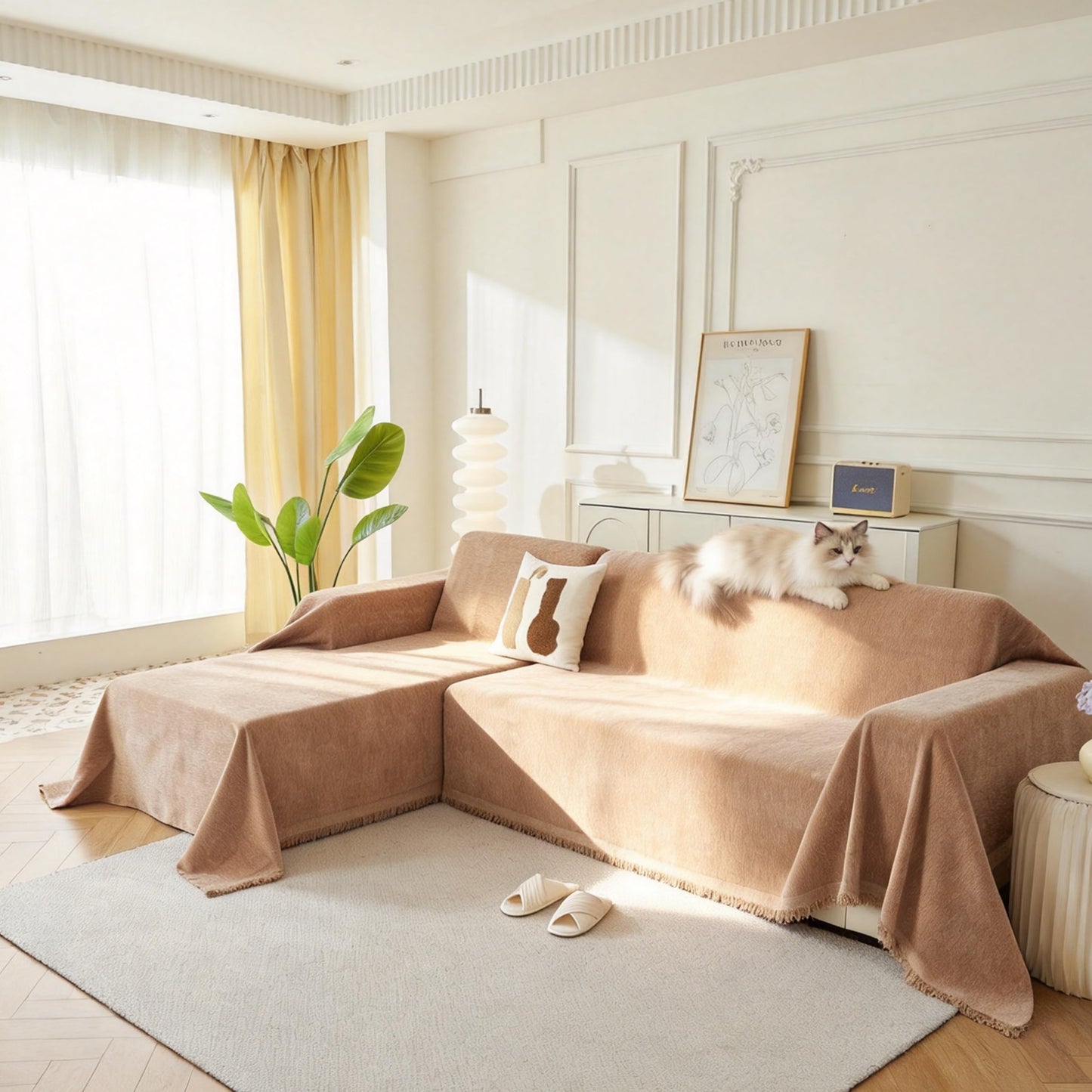 KaviKon Sectional Couch Covers 2-Piece for L Shape Sofa, Chenille Washable Sofa Cover for 2-3 Cushion Couch, Non-Slip Furniture Protector for Dogs,Pets, Soft Couch Blanket Slipcovers Sets (L-Khaki)