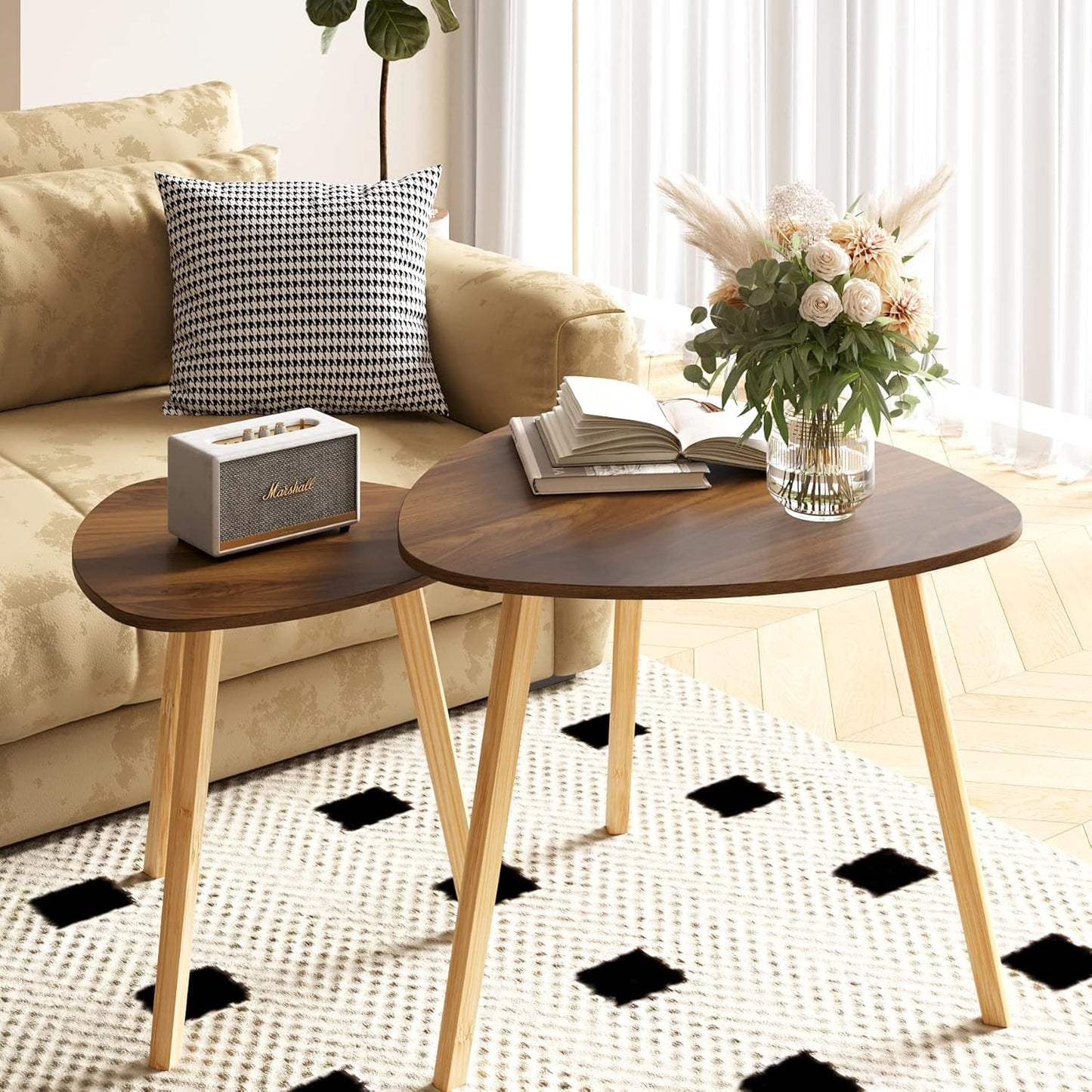 BAMEOS Bamboo Nesting Triangle End Table,Set of 2 Side Table Modern Minimalist Coffee Table for Living Room (Walunt)