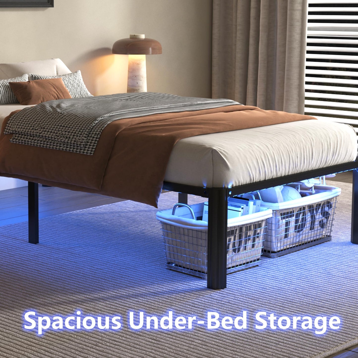 DORITRON Twin Bed Frame with Led Lights, 14 inch Heavy Duty Metal Platform Bed Frame Twin Size with Charging Station, No Box Spring Needed, Noise-Free