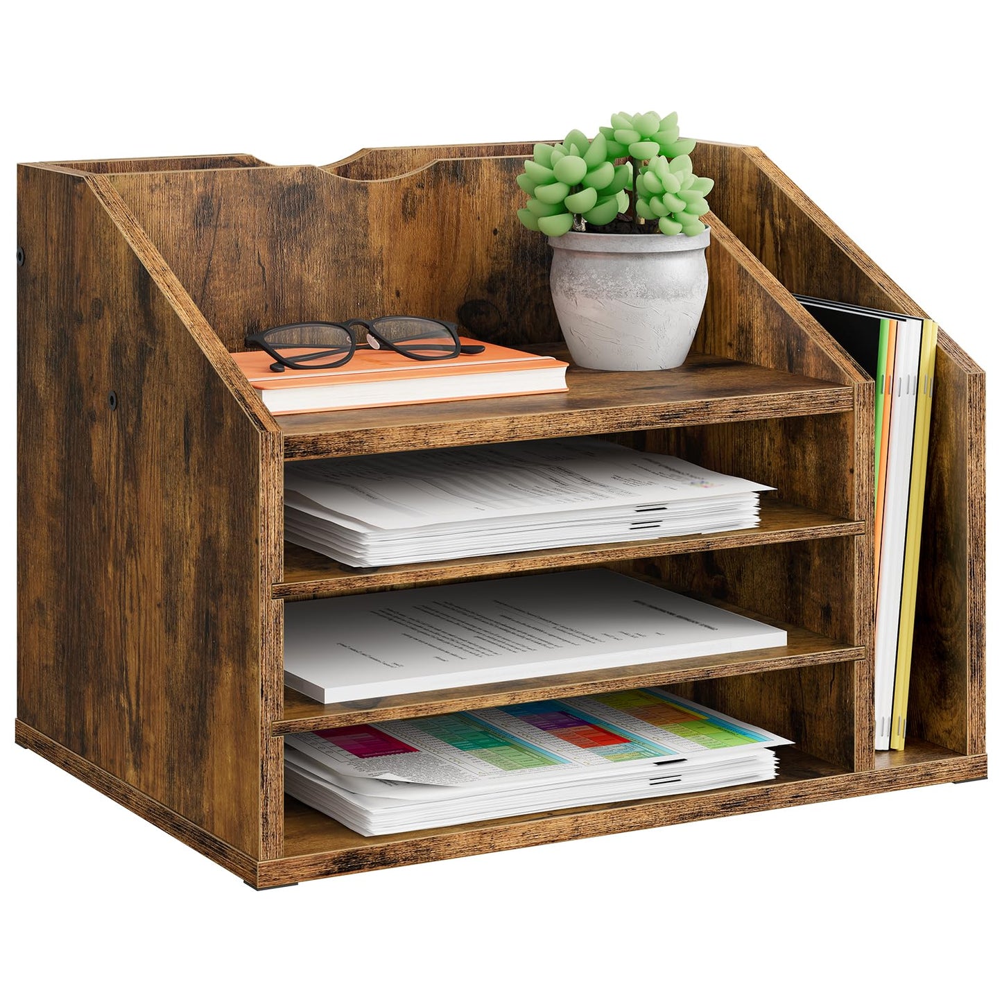 CHOEZON Wooden Desk Organizer and Wooden Desktop File Organizer Bundle, Desktop File Holder for Home Office, Easy Assembly, Rustic Brown, MWJ04FG-MWJ06FG