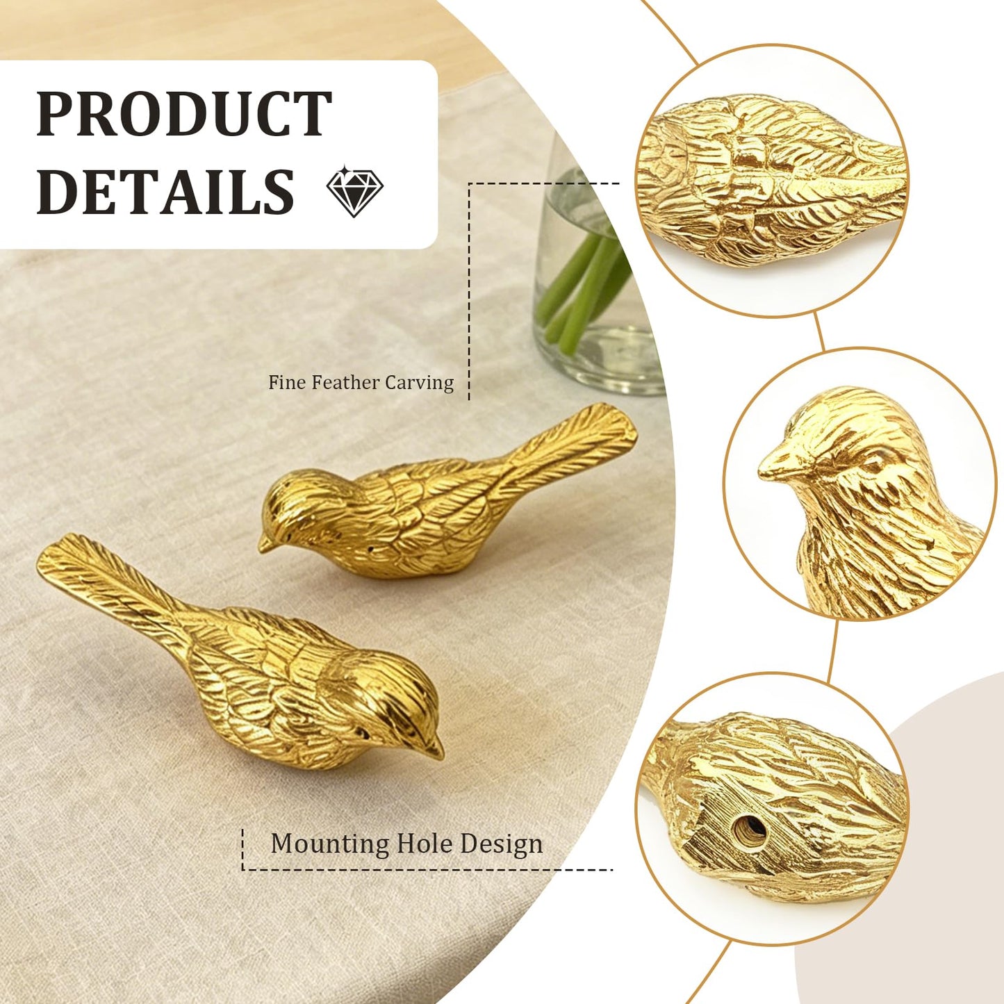Qinwuwu 2 PCS Pure Copper Decorative Cabinet Knobs Creative Little Bird Art Kitchen Hardware Cupboard Drawer Dresser Pulls Handles (Golden)
