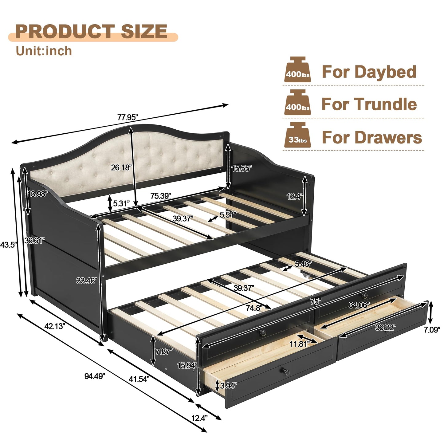 QVUUOU Space-Saving Twin Daybed with Trundle and 2 Drawers, Upholstered Sofa Bed with Button Tufted Back for Small Rooms Guest Room, Dorm (Beige)