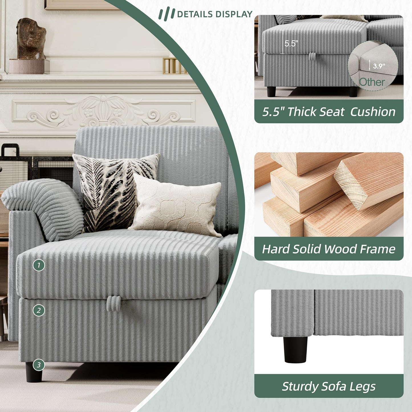 Vongrasig Convertible Sectional Couches Sofa, 3 Seat L Shaped Sofa with Removable Pillows Soft Corduroy Fabric Small Couch Mid Century for Living Room, Bed Room, Apartment and Office (Light Grey)