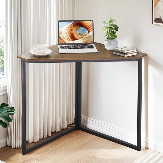 VECELO Corner Desk,Office Tables for Living Room for Small Space Triangle Computer Desk with Steel Frame Corner Shelves with Metal Frame Writing Desk for Workstation Classic Brown 33.1"