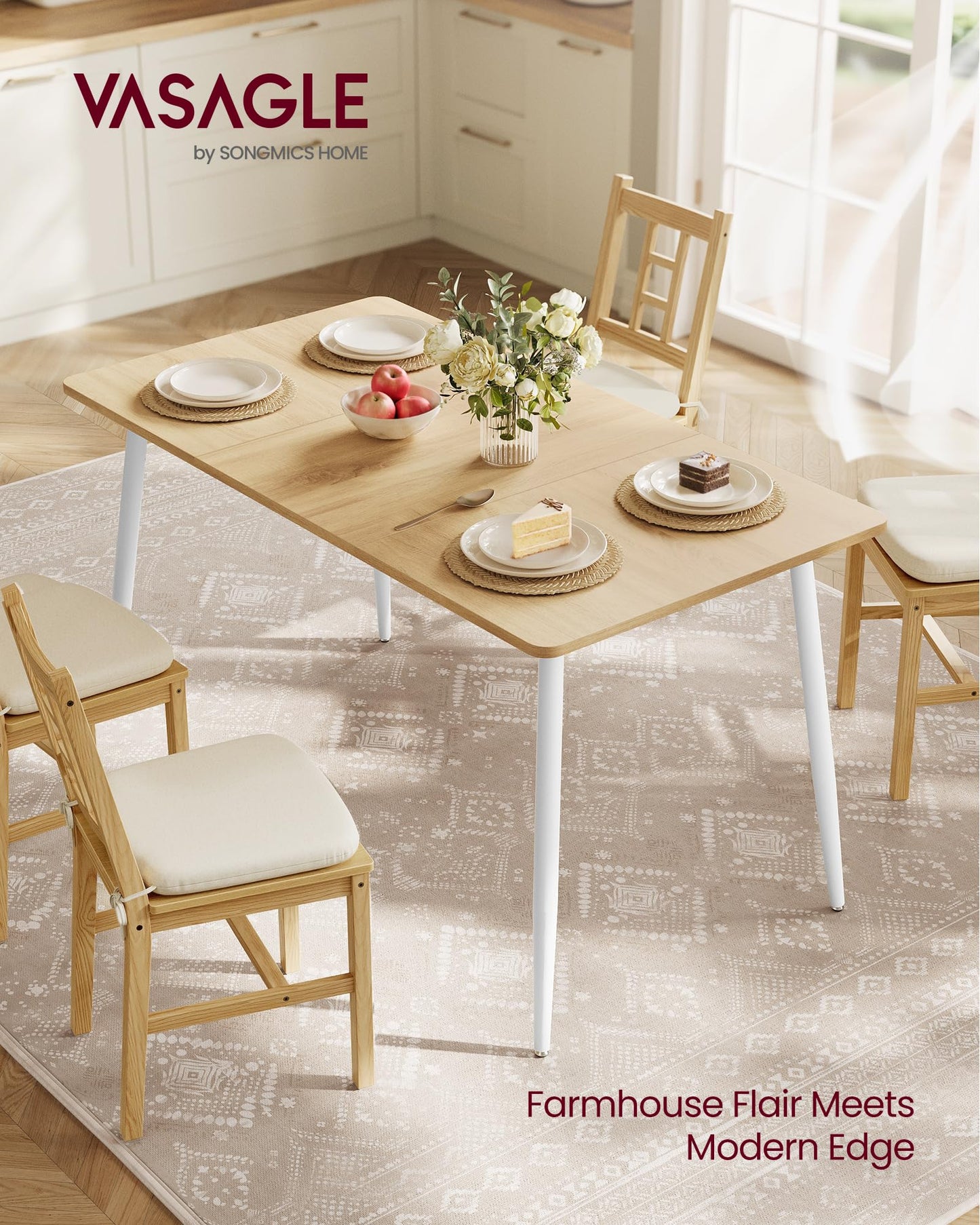VASAGLE 55.1" Dining Table for 4-6 People, Modern Kitchen Table, Heat-Resistant Tabletop, Quick Assembly, for Dining Room, Golden Oak and Cloud White, Island Collection UKDT100N01V2
