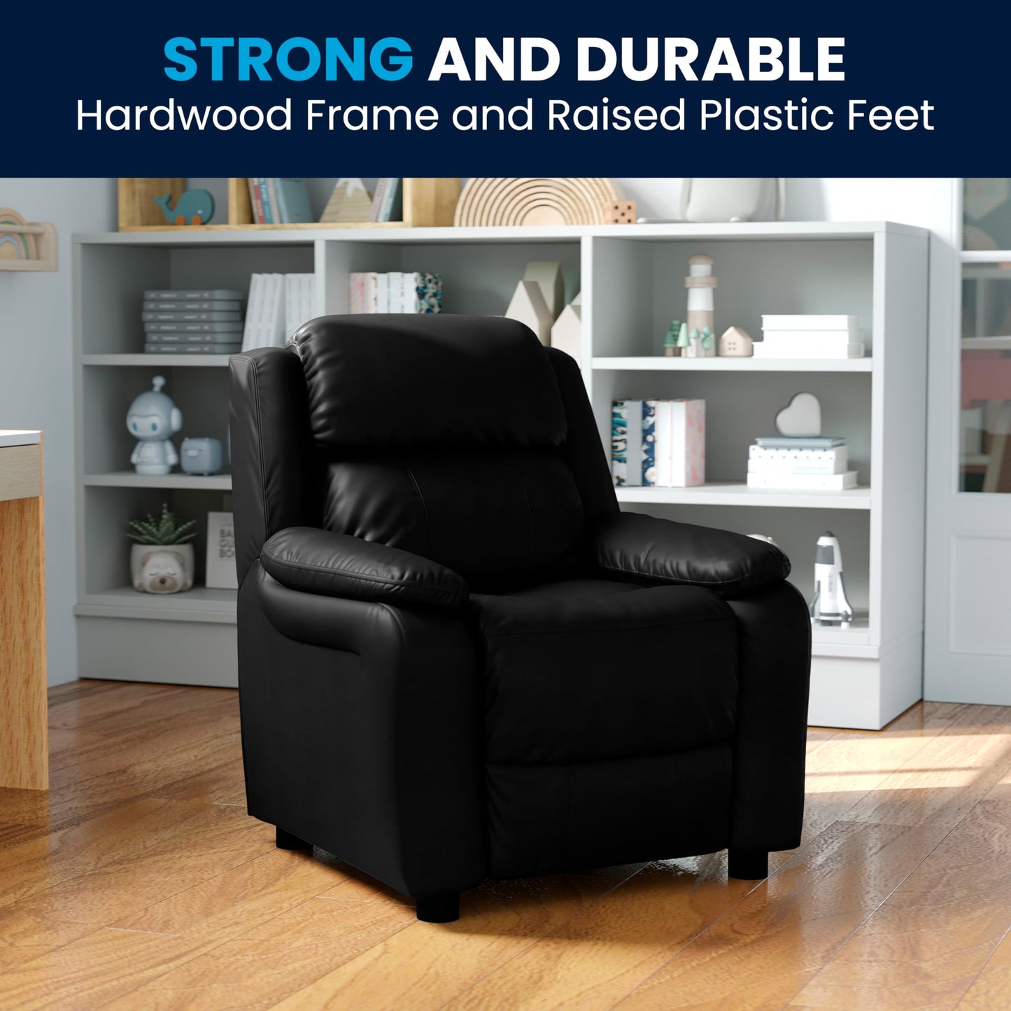 Flash Furniture Charlie LeatherSoft Kids Recliner with Flip-Up Storage Arms and Safety Recline, Contemporary Reclining Chair for Kids, Supports up to 90 lbs., Black