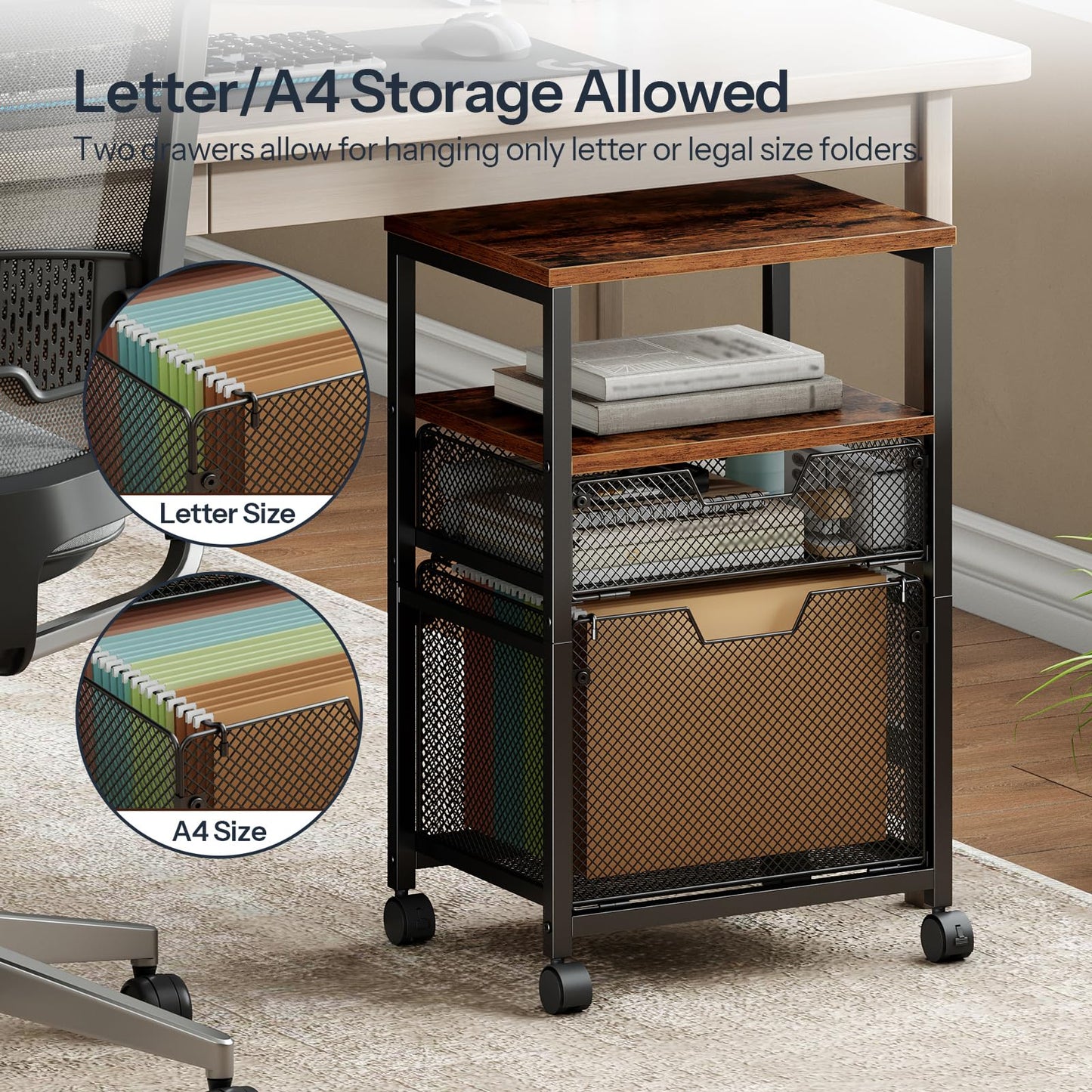 HOOBRO Rolling File Cart with 2 Storage Drawers, Under Desk Mobile Filing Cabinet on Wheels for Home Office, Hanging Folder Holder Utility Cart Printer Stand, Rustic Brown BF39WJ01