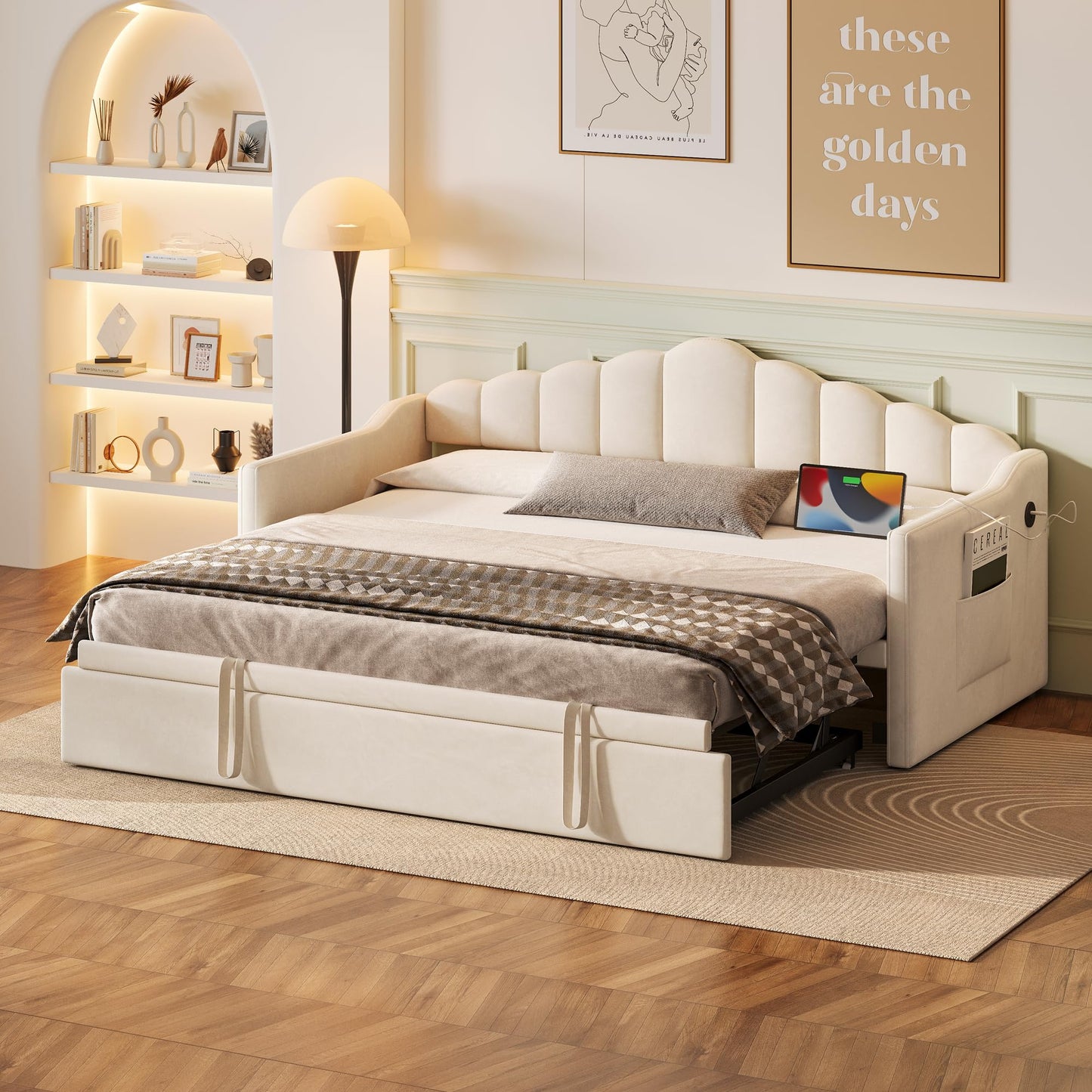 Twin Size Upholstered Daybed with Pop up Trundle,Velvet Day Bed Frame with USB and Side Pockets,Twin to King Daybed, Tufted Sofa Bed for Bedroom,Living Room,Guest,Beige
