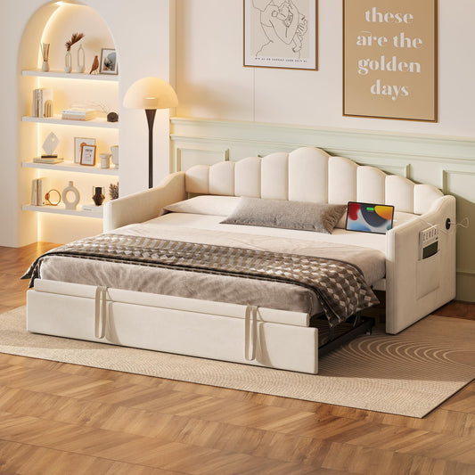 Twin Size Upholstered Daybed with Pop up Trundle,Velvet Day Bed Frame with USB and Side Pockets,Twin to King Daybed, Tufted Sofa Bed for Bedroom,Living Room,Guest,Beige