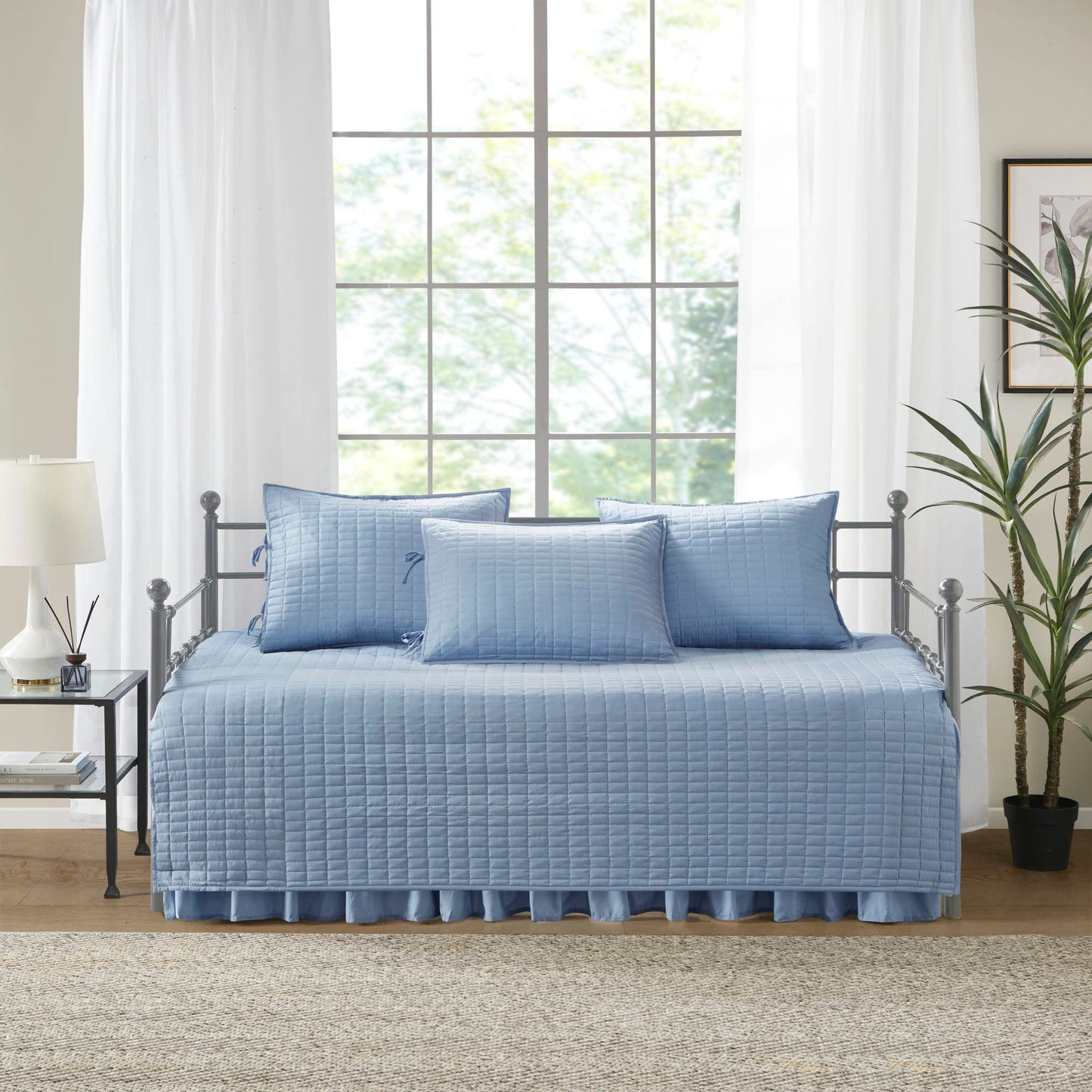 Comfort Spaces Daybed Cover- Luxe Double Sided -Quilting, All Season Cozy Bedding with Bedskirt, Matching Shams, 75'x39' Blue 5 Piece