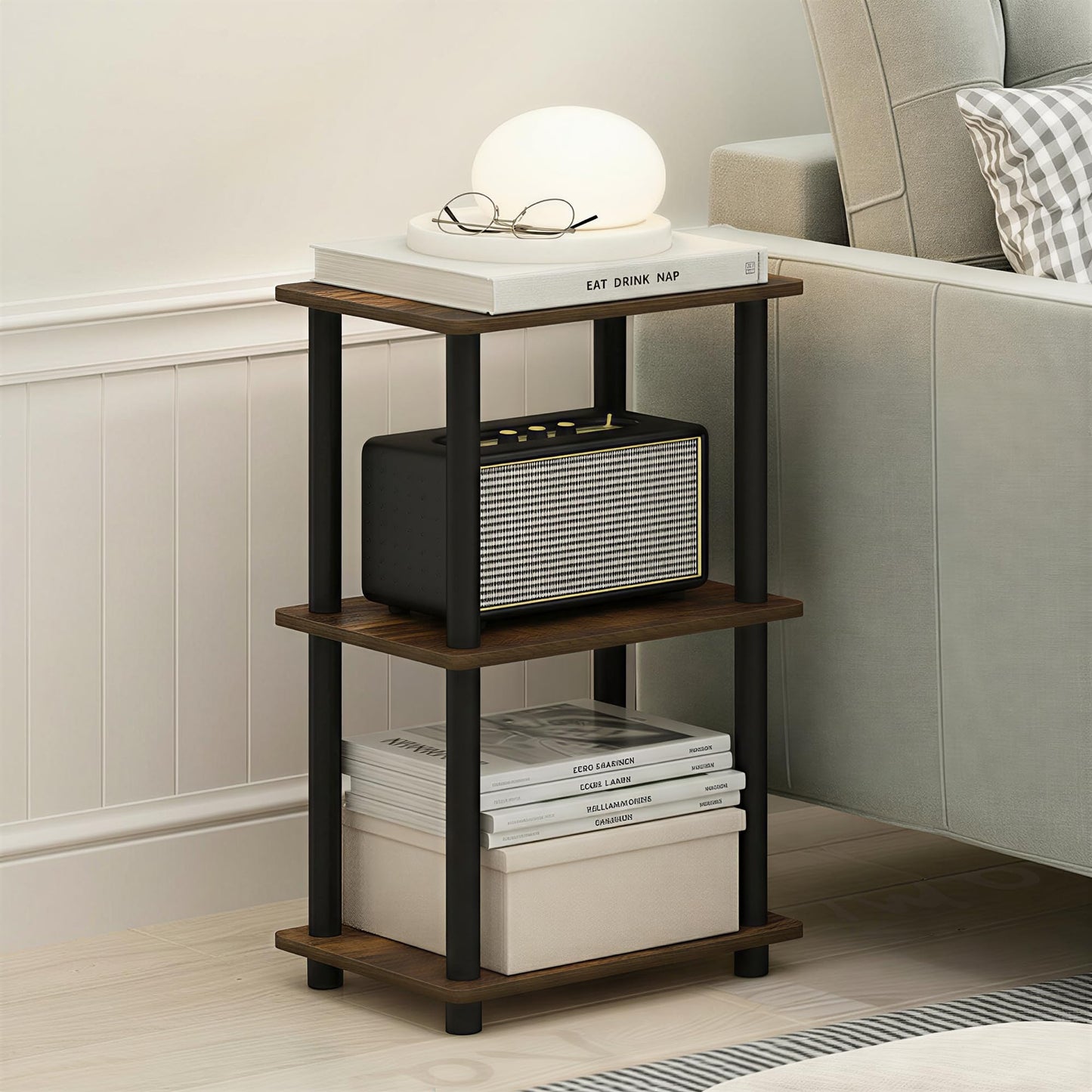 Furinno Turn-N-Tube Storage Shelves, 3-Tier Open Frame Book Shelf, Standing Corner Shelf, Toolless Assembly, Open Shelves, for Organization and Storage, Living Room, Garage, Home Office, Amber Pine