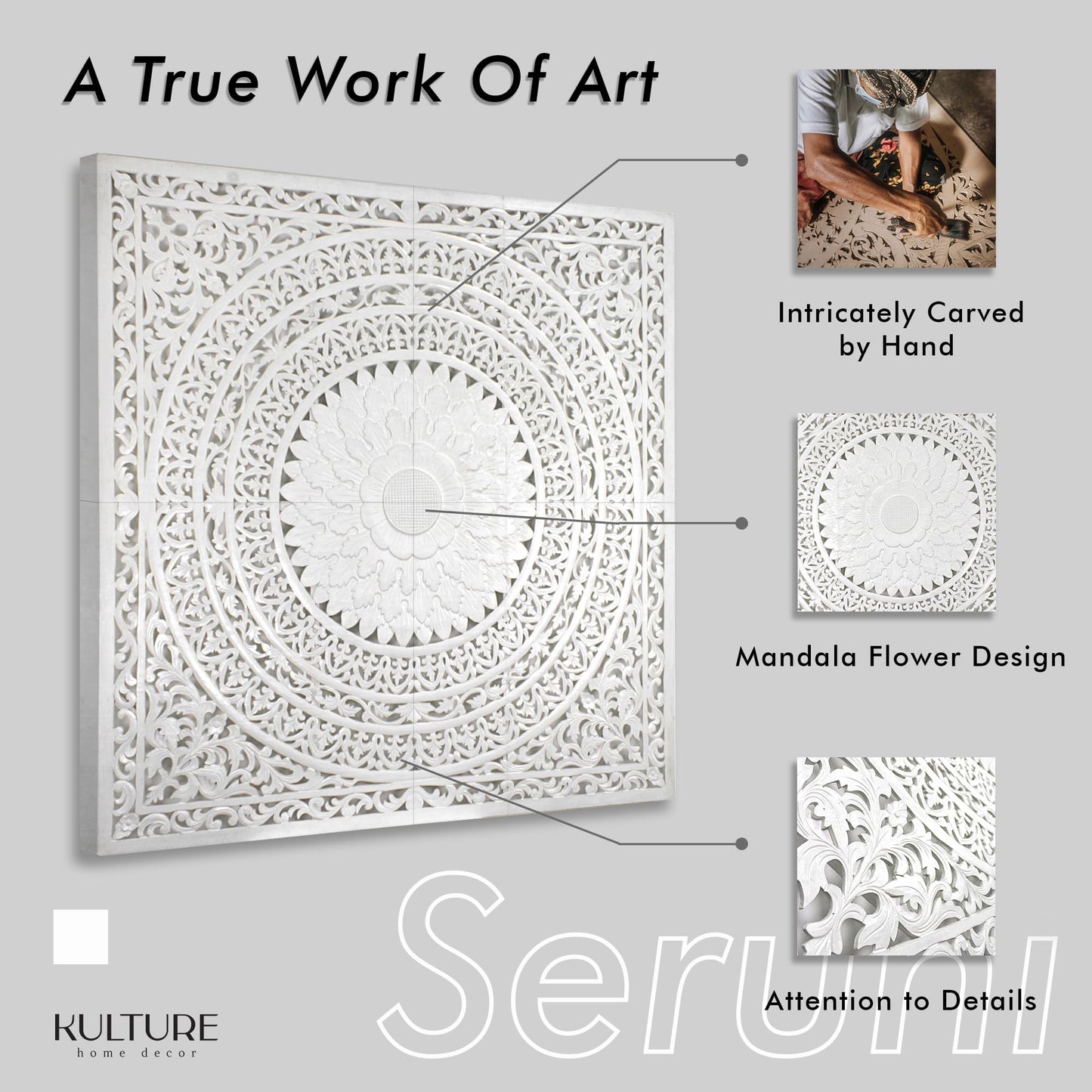 KultureDeco Queen Headboard Panels 59x59 in, Seruni White Hand Carved, Made in Bali Indonesia, Wall Mounted Behind Bed, 4 Panels + Hardware