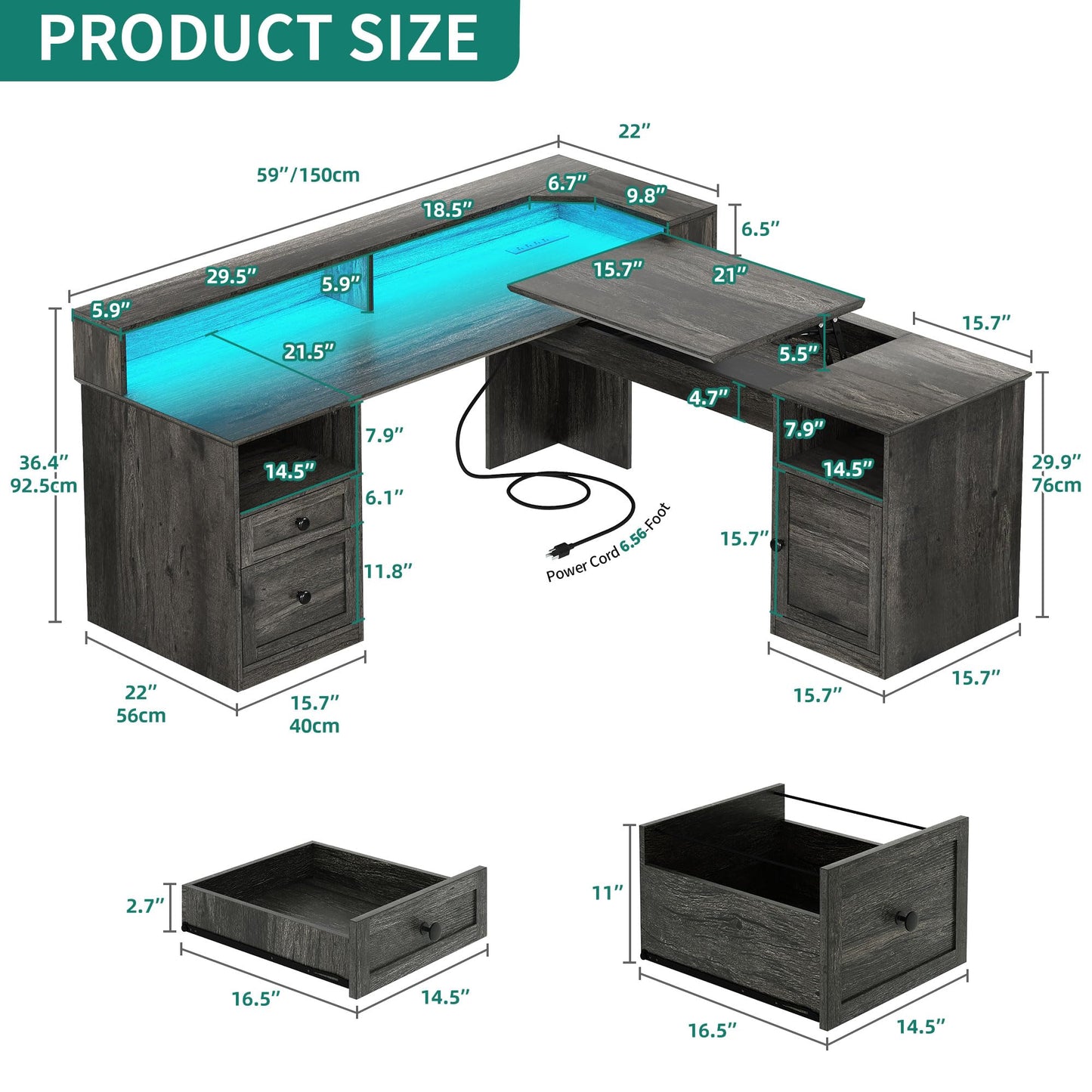 YITAHOME L Shaped Desk with Power Outlets & LED Lights, 60" Corner Computer Desk with Drawers & Lift Top, Home Office Desk with Monitor Stand & File Cabinet, Wood Height Adjustable Desk, Grey