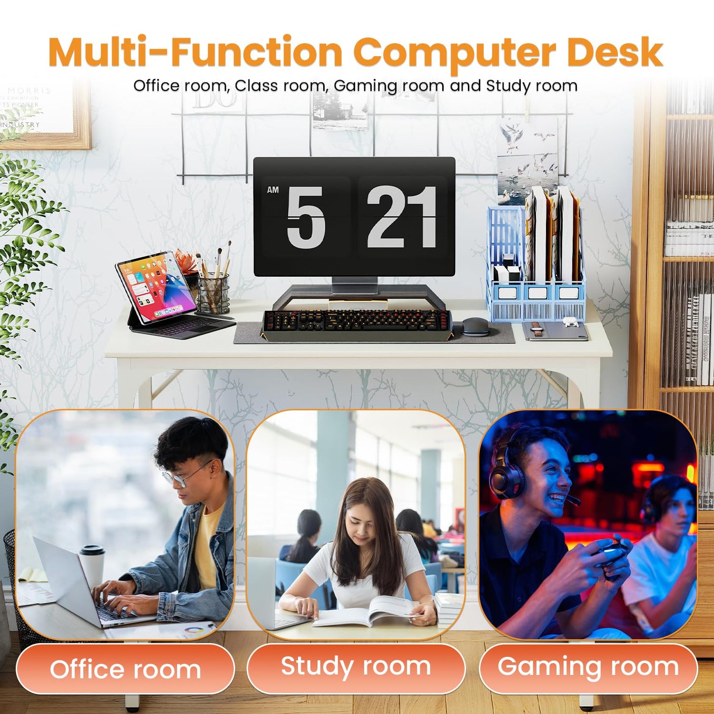 PayLessHere | 39 Inch Computer Desk | White | Office Desk with Metal Frame, Adjustable Feet | Water-Resistant, Scratchproof Surface | Sturdy Writing Table for Home Office or Study | Pack of 1