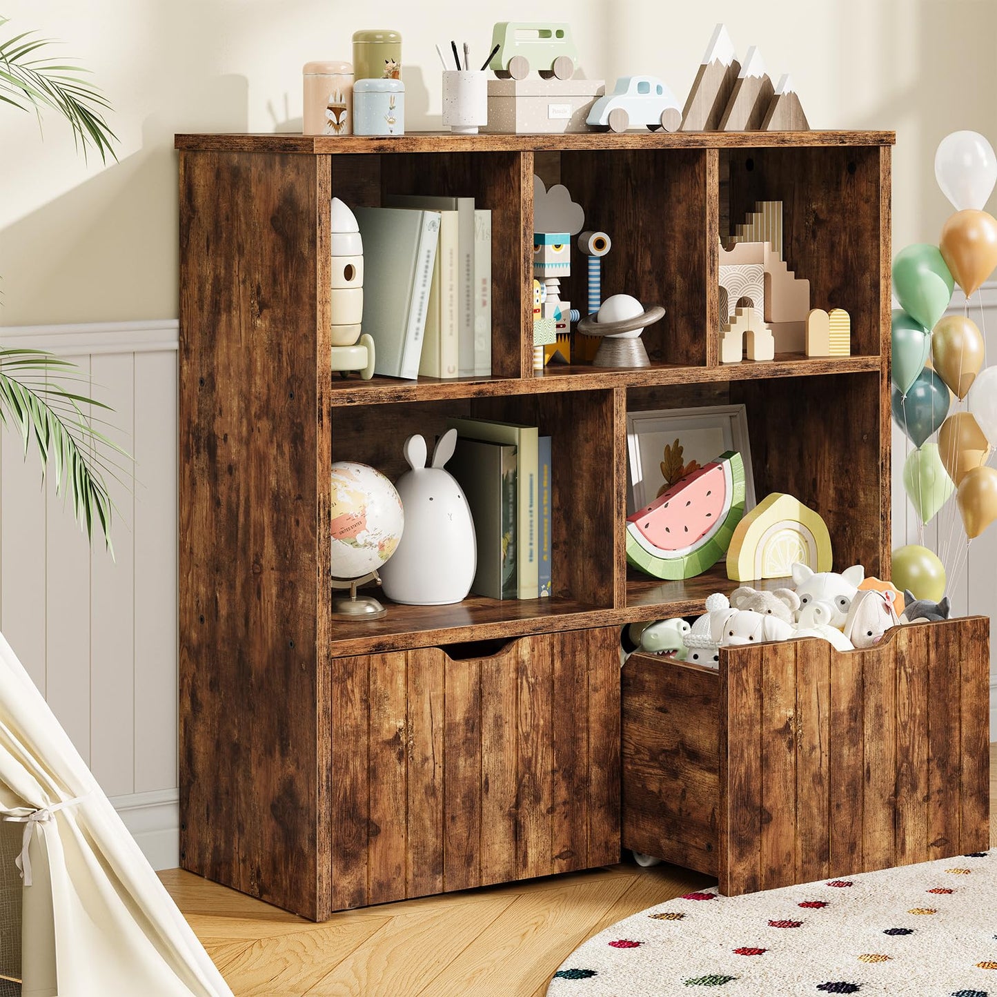 HOOBRO Toy Storage Organizer, Toy Organizers and Storage with 2 Movable Drawers and 5 Cubbies, Toy Chest Shelf for Books or Dolls, Kids Bookshelf and Toy Storage for Playroom, Rustic Brown BF88CW01