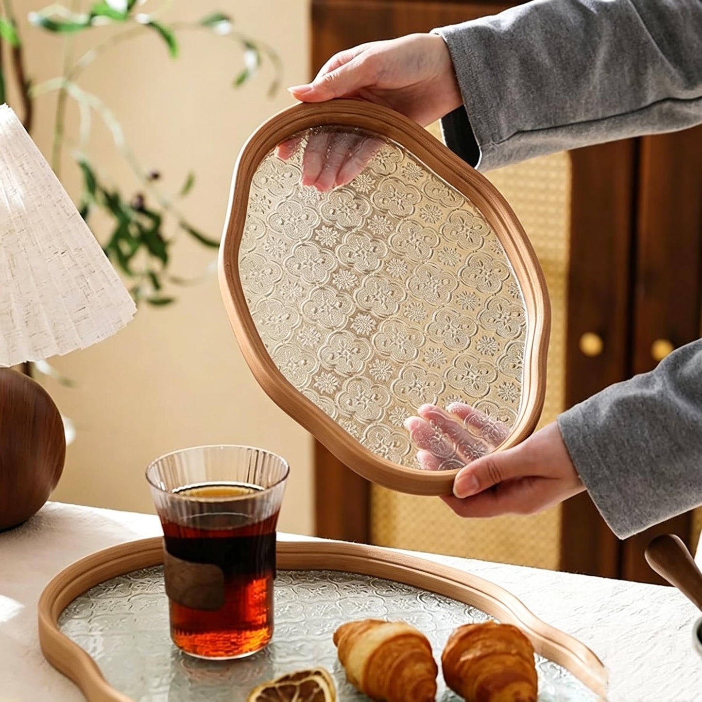 Glass Decorative Serving Tray with Crabapple Pattern, Wood Decorative Tray for Coffee Table, Kitchen, Vanity, Bathroom, or Ottoman，Perfect for Bread Food Fruit Display & Storage
