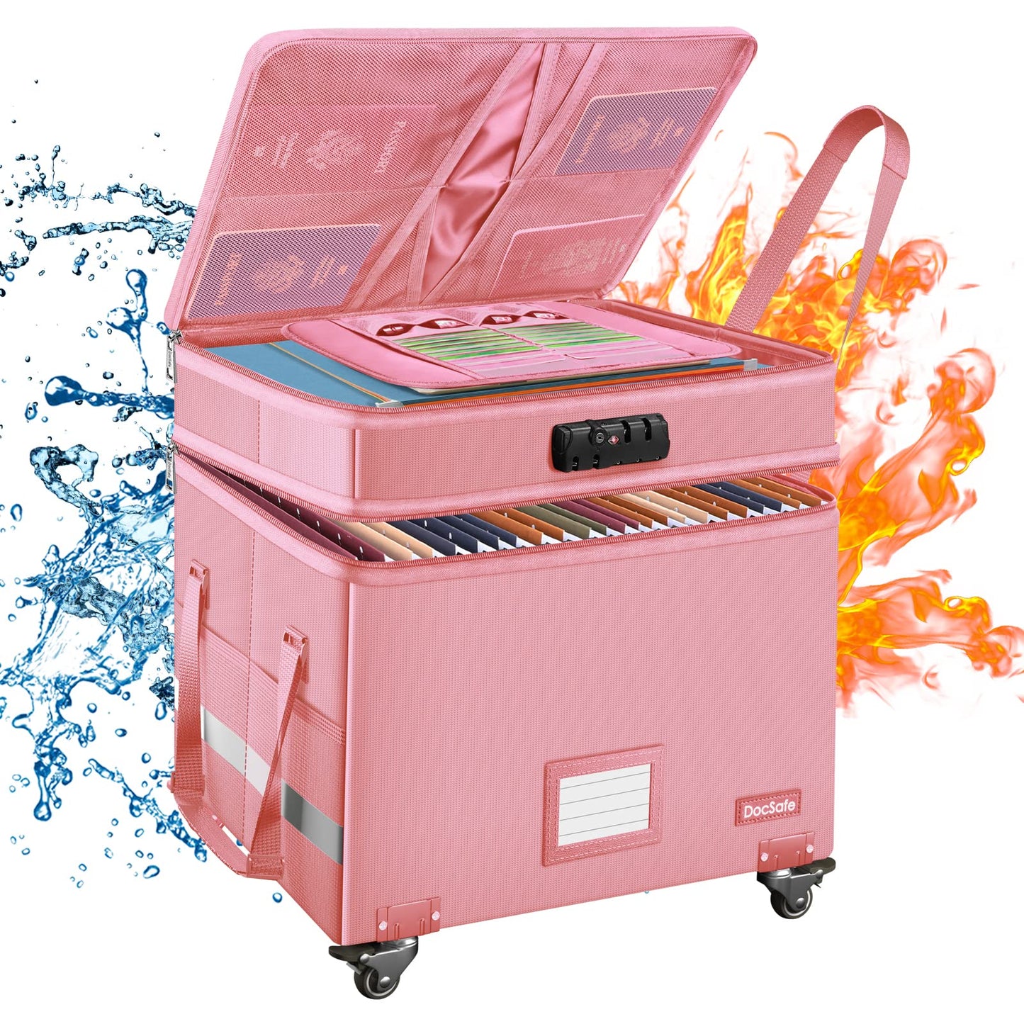DocSafe File Box with Lock,2-Layer Fireproof Document Box with Wheels,Collapsible Rolling File Storage Organizer with Pockets,Large Portable Home Office Filing Cabinet Safe for Hanging Folders,Pink