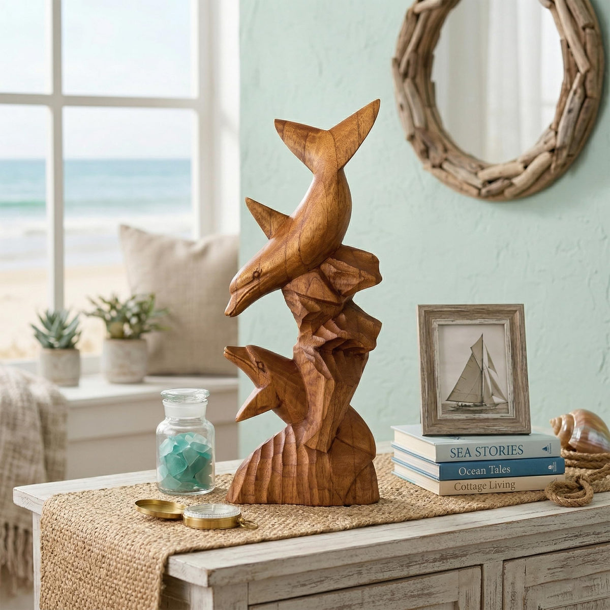 G6 Collection Wooden Hand Carved Dolphin Statue Sculpture Wood Decorative Home Decor Accent Figurine Handcrafted Handmade Seaside Tropical Nautical Ocean Coastal Decoration (2 Dolphins on Coral, 12")