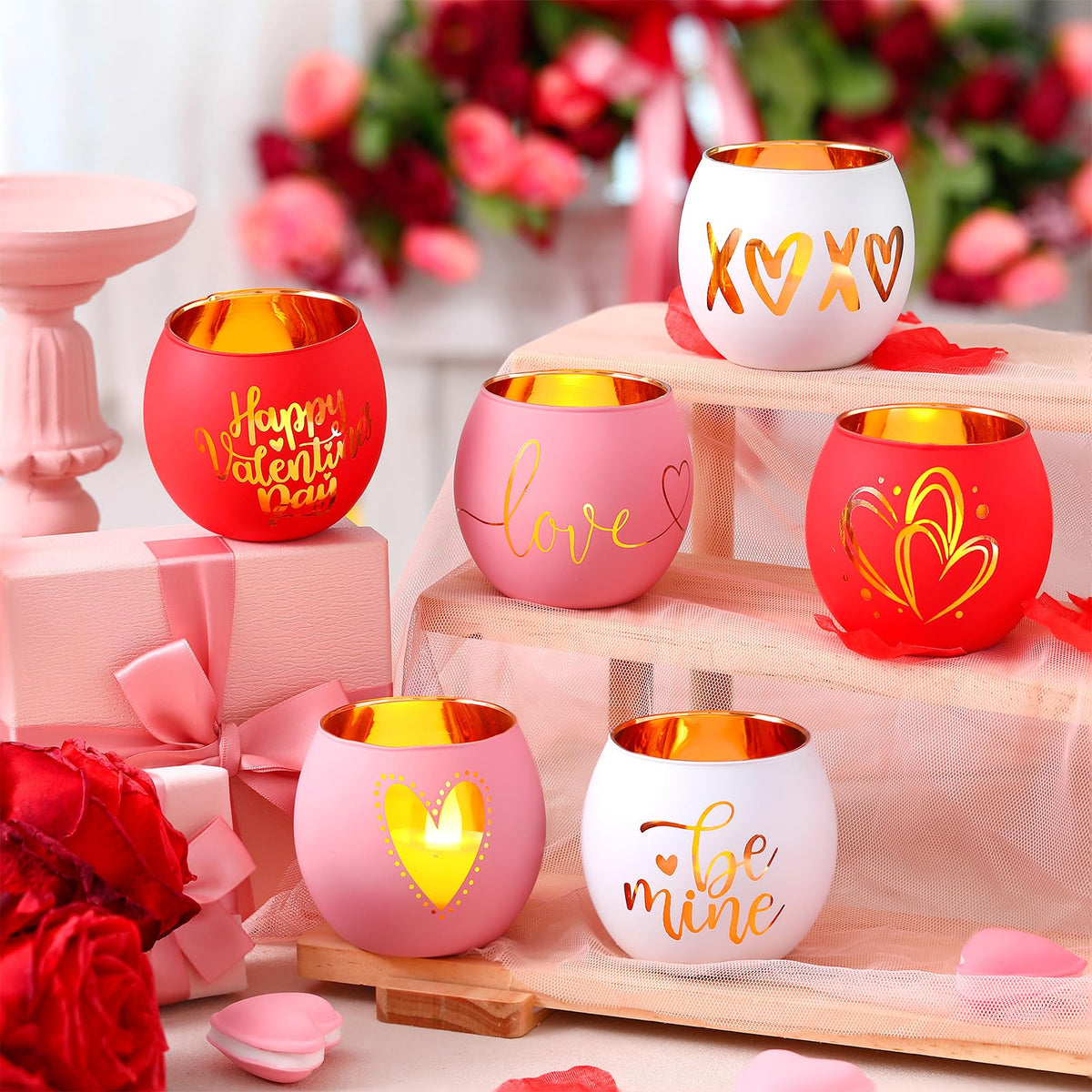 FoldTier 6 Pcs Valentines Candle Holders Love Glass Tealight Votive Candle Holder for Table Centerpiece Valentine's Day Wedding Party Decoration Home Tabletop Decor Gift