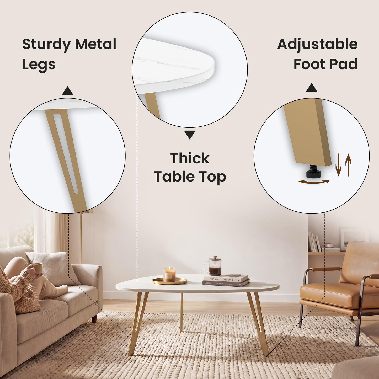 MWOOD Triangle Coffee Table, 33.5″‌Mordern Center Table with Marble-Patterned Top&Golden Leg Waterproof Dining Table for Living Room, Apartment(White&Gold)