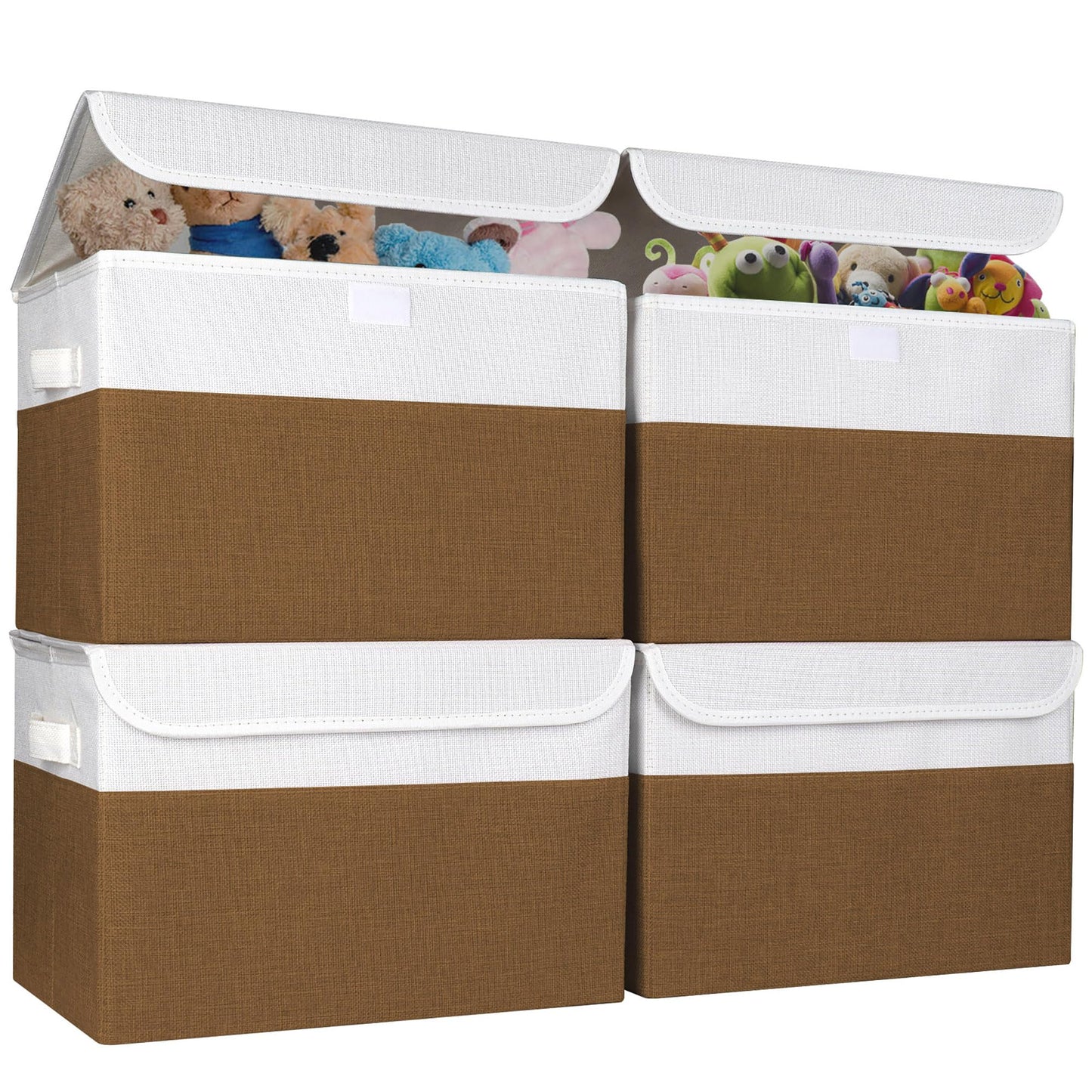 Bagnizer Large 22 Quart Linen Fabric Foldable Storage Bin Cube Organizer Basket with Flip-Top Lid & Handles, Clothes Blanket Box for Home, Office, Closet, Brown & White, 4 Pack 14.6 x 9.5 x 9.5