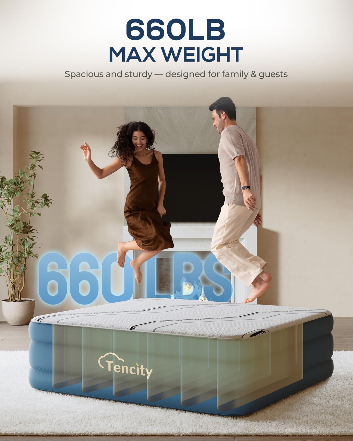 20” Tall Luxury Air Mattress with Quilted Foam Topper, Extra Firm Support with U-shaped PVC strap Inflatable Bed, Quiet & Comfortable Blow Up Bed for Home Guests, Camping, Travel, Fast Inflate AirBed