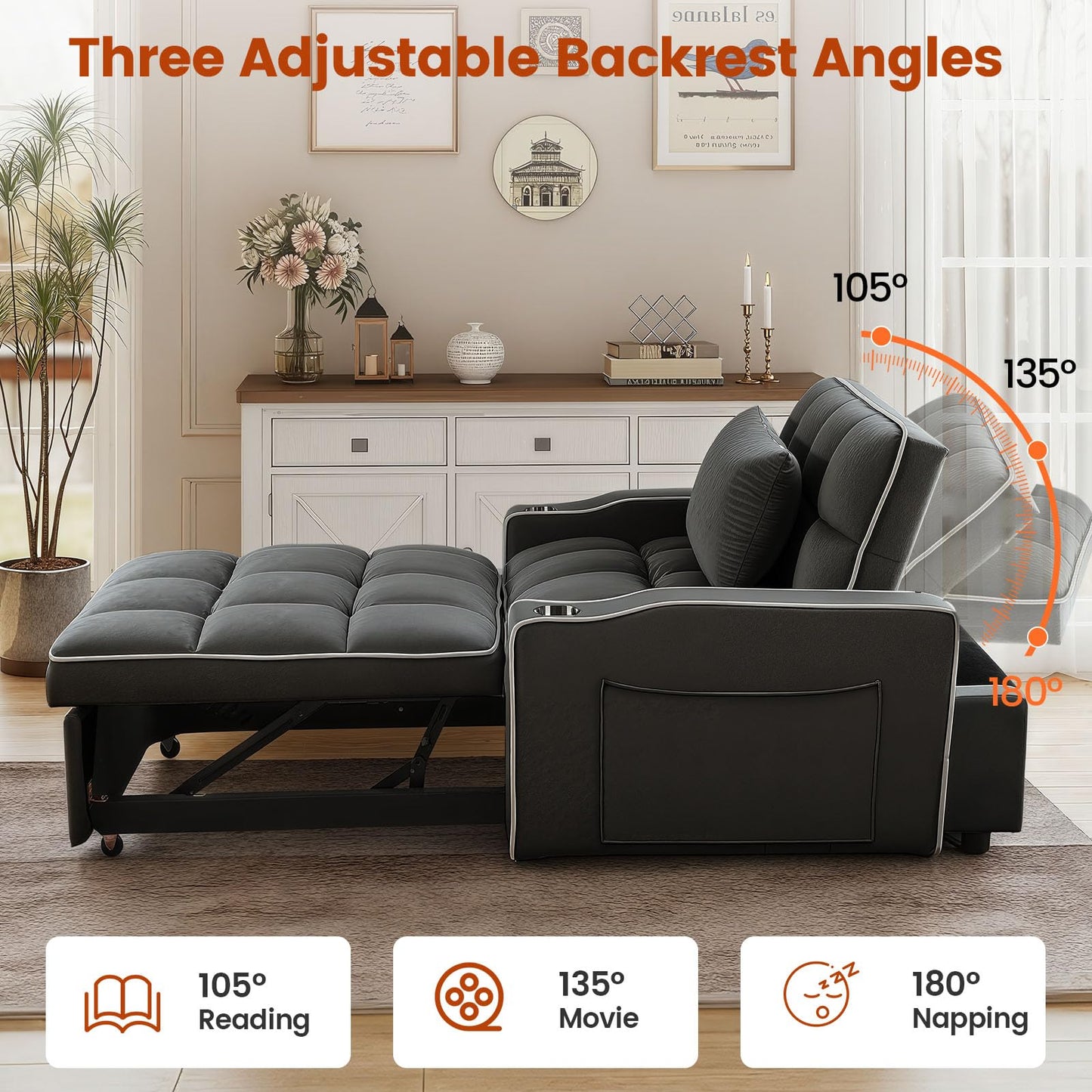 Trygoal Convertible Sleeper Chair Bed, Pull Out Chair Sleeper with Bracket and Cup Holder, Chairs Bed Sleepers for Adults, 3 in 1 Sofa Bed Chairs for Small Spaces, Living Room, Black