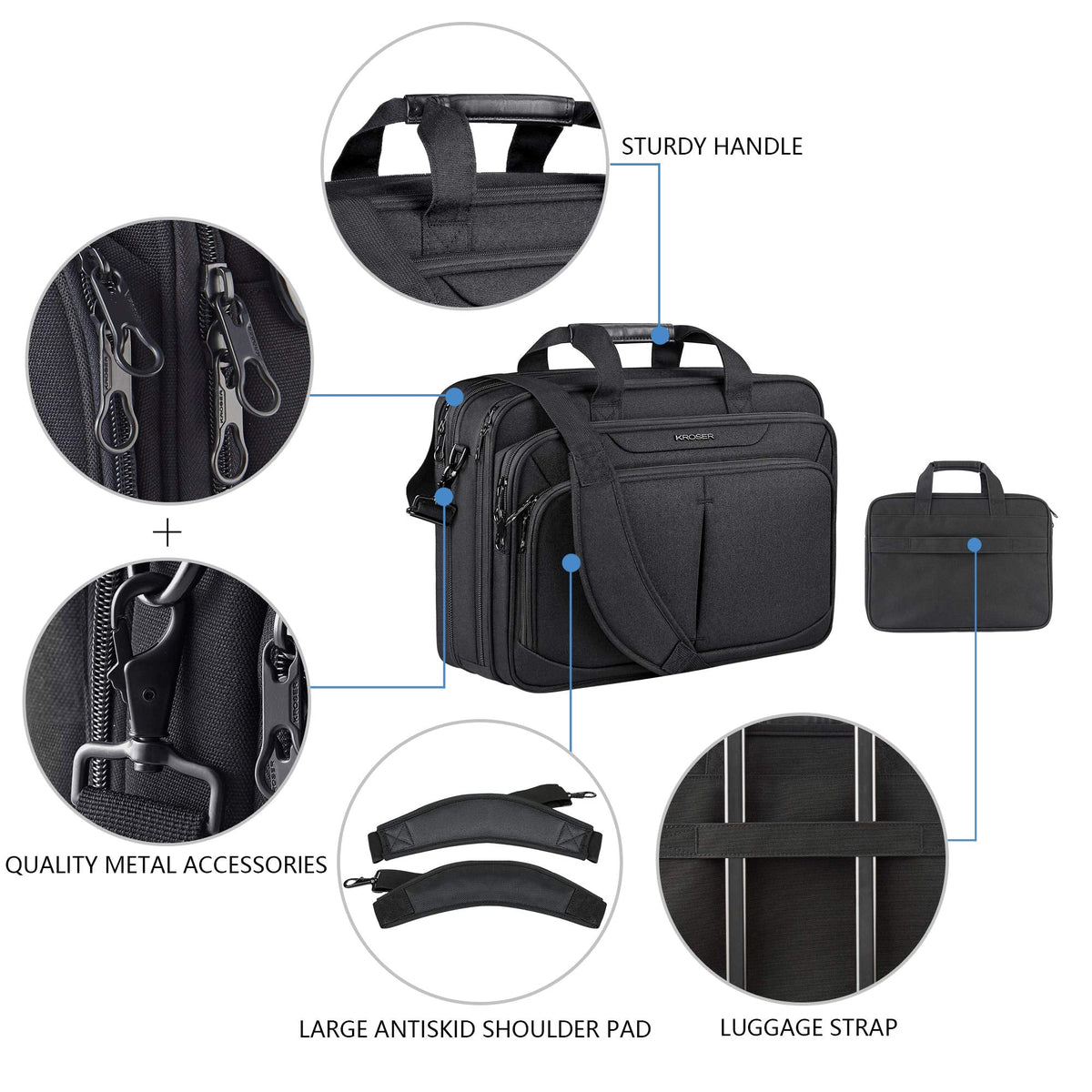 KROSER Laptop Bag Expandable Lightweight Briefcase for 17.3" Laptop Premium Business Work Bag Water-Repellent Messenger Bag for Travel/Women/Men-Black