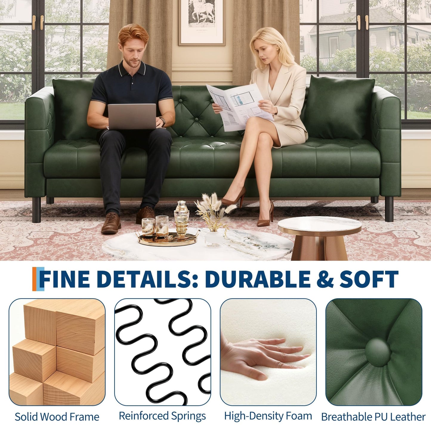GarveeHome 81 in Leather Couch for Living Room, Modern Sofa Couch with Deep Seat, Handmade Button Tufted 3 Seater Sofa, Leather Sofa for Apartment, Office, Green