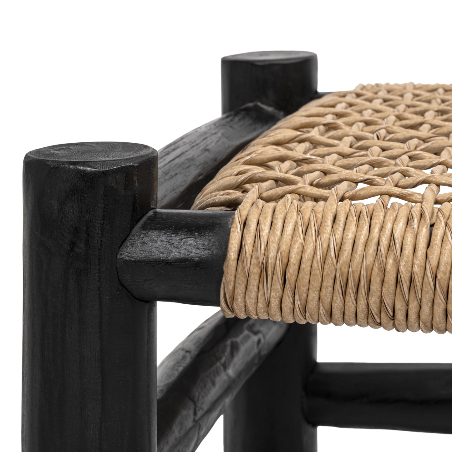 JONATHAN Y Chuck Bohemian Teak Wood Indoor Outdoor Accent Stool, 28" Handcrafted Backless Bench with Woven Synthetic Rattan Seat, Black Finish for Patio, Living Room, or Entryway STL3001B