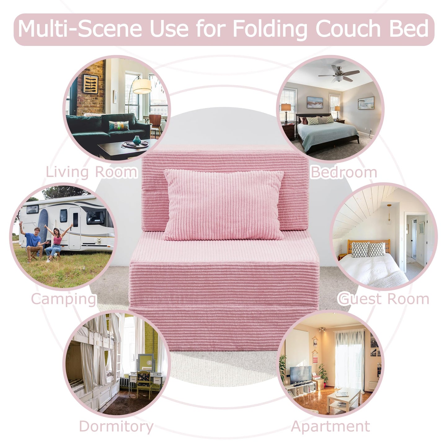 HILERO Folding Sofa Bed, 4 in 1 Convertible Sleeper Chair with Pillow, Single Memory Foam Fold Out Chair Bed, Modern Floor Futon Sofa Couch Mattress for Living Room/Guest/Apartment, Pink