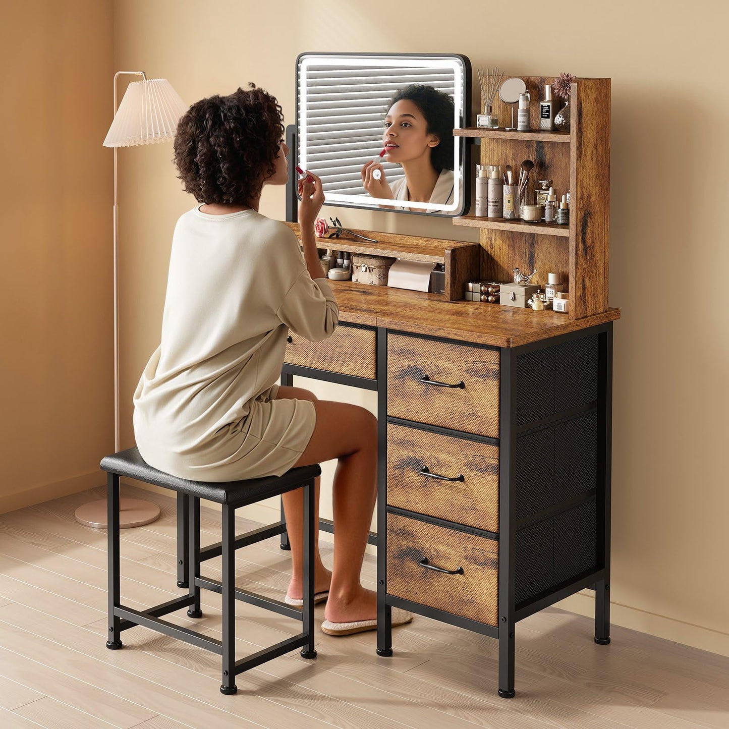YeTom Vanity Desk with Mirror and Lights, Makeup Vanity Desk with 4 Fabric Drawers & Storage Shelvs & Chair, 3 Color Modes & Adjustable Brightness, Rustic Brown Vanity, Vanity Set, Bedroom Furniture