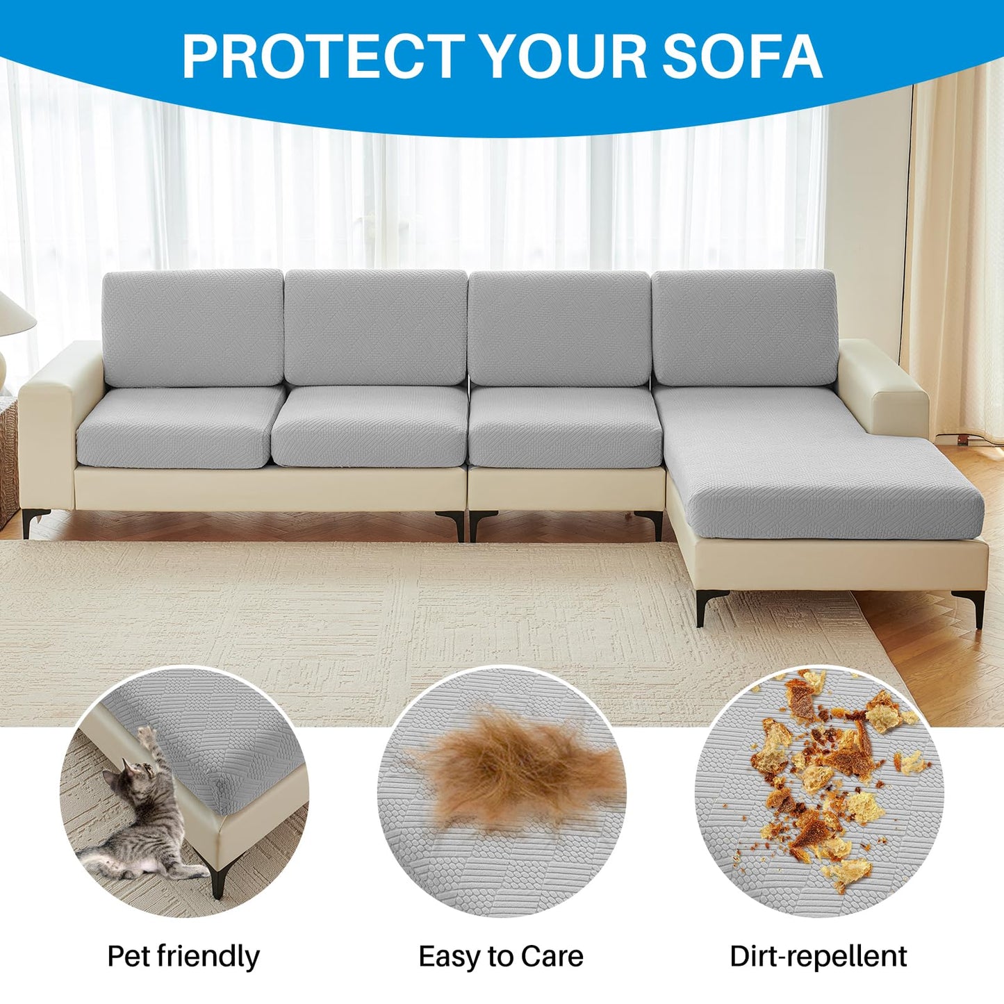 Deep Dream Sectional Couch Covers 6 Pieces, Stretch Couch Cushion Covers, L Shaped Washable Sofa Covers for Left/Right Sectional Sofa (3 Backrest Cover + 2 Seater + 1 Chaise, Light Grey)