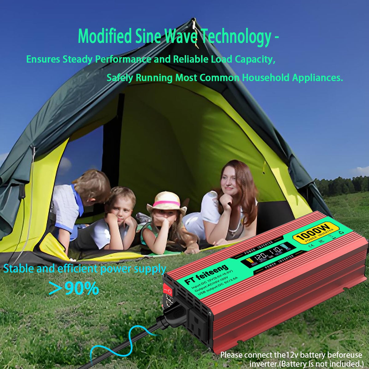 1000 Watt Power Inverter, Car Inverter 12V to 120V with 2 AC Outlets, 2 USB Ports, Cooling Fan, Cables and LED Screen for Vehicles, Home Use and Outdoor Camping