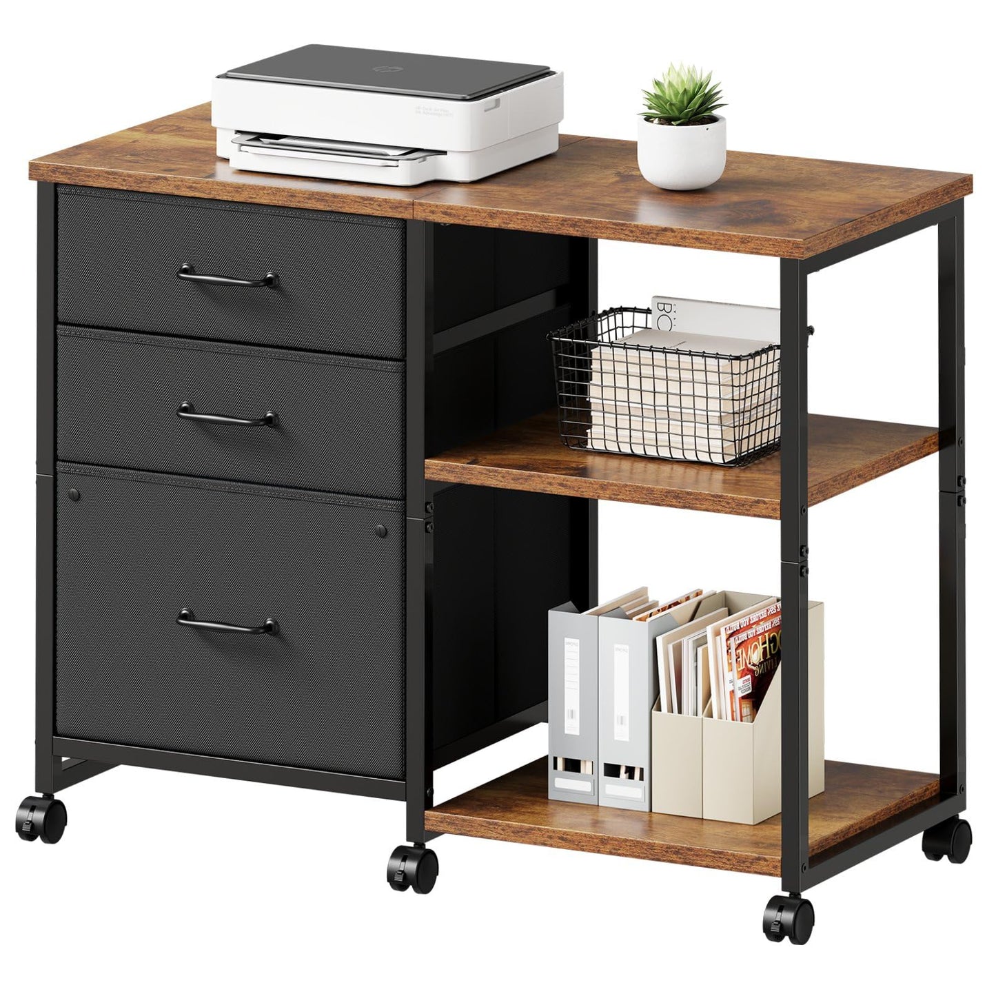 Maihail 3 Drawer File Cabinet with Wheels Rolling Printer Stand with Open Storage Shelf Fabric Lateral Filing Cabinet for Home Office,Rustic Brown