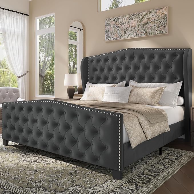 BRELTAM Upholstered Queen Size Bed Frame Velvet Tufted Platform Bed Frame
