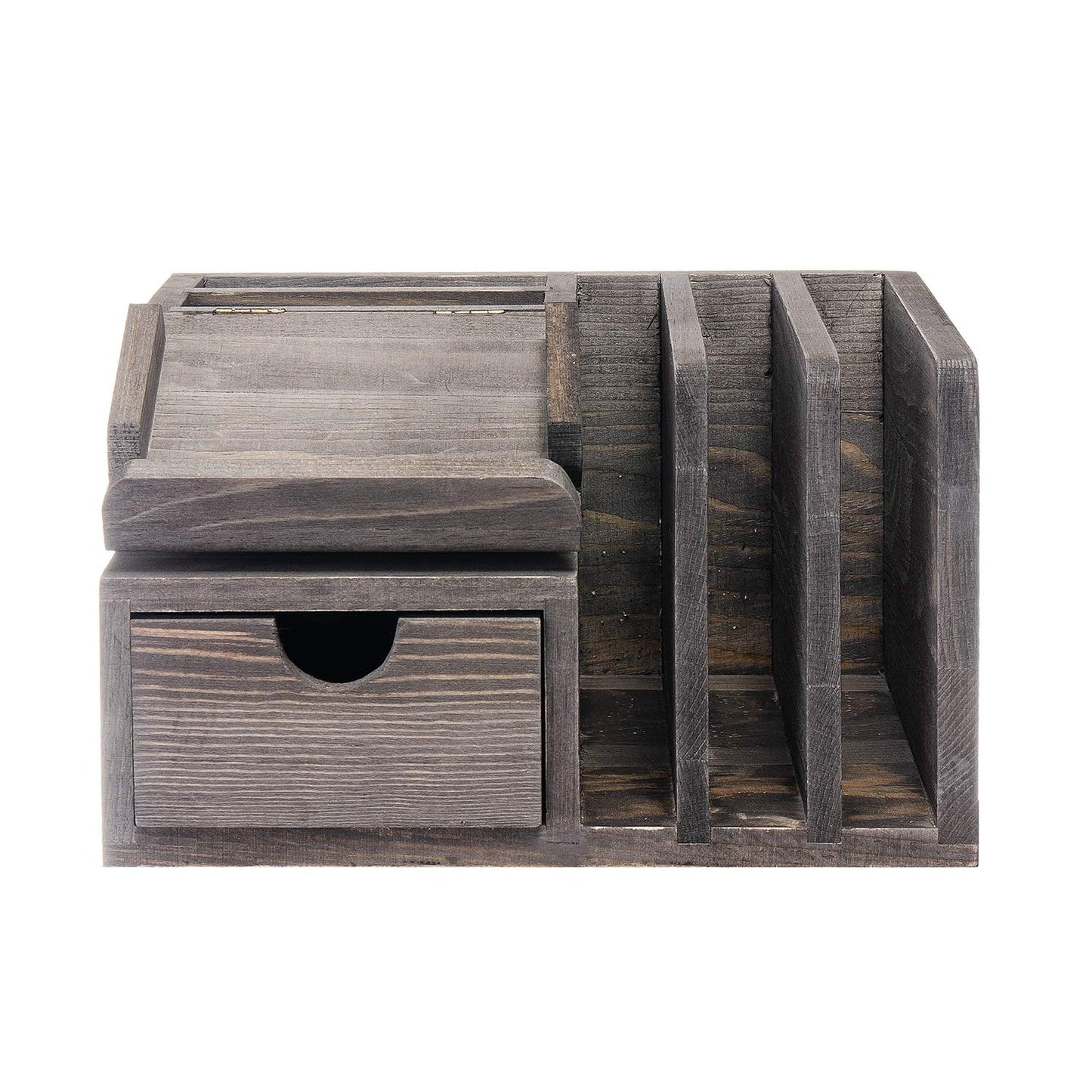 Liry Products Gray Rustic Wood Desk Organizer Storage Cabinet Mail File Paper Sticky Note Memo Pad Folder Office Supplies Caddy Tabletop Holder Accessory Sorter Multiple Compartments with Drawer Home