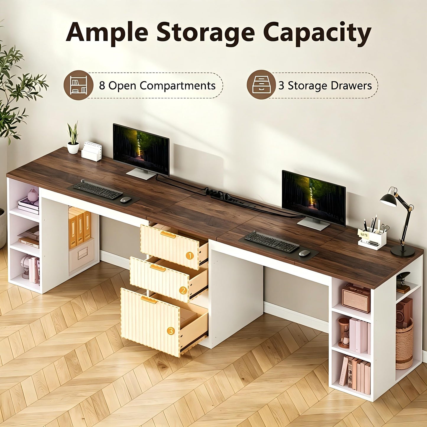NORTHSKY 96.5" 2 Person Desk with Power Outlet & USB Ports, Double Computer Desk with Drawers & Storage Shelves, Modern Fluted Home Office Desk, White
