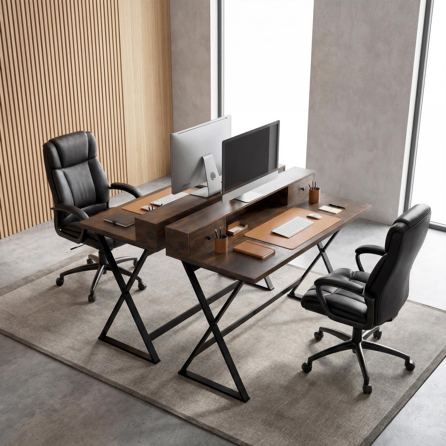 Manora Computer Desk with Drawers and Monitor Stand, 47" Home Office Desk with Storage Shelf, Rustic Brown Writing Study Table with Metal Frame for Bedroom, Workstation for Laptop PC