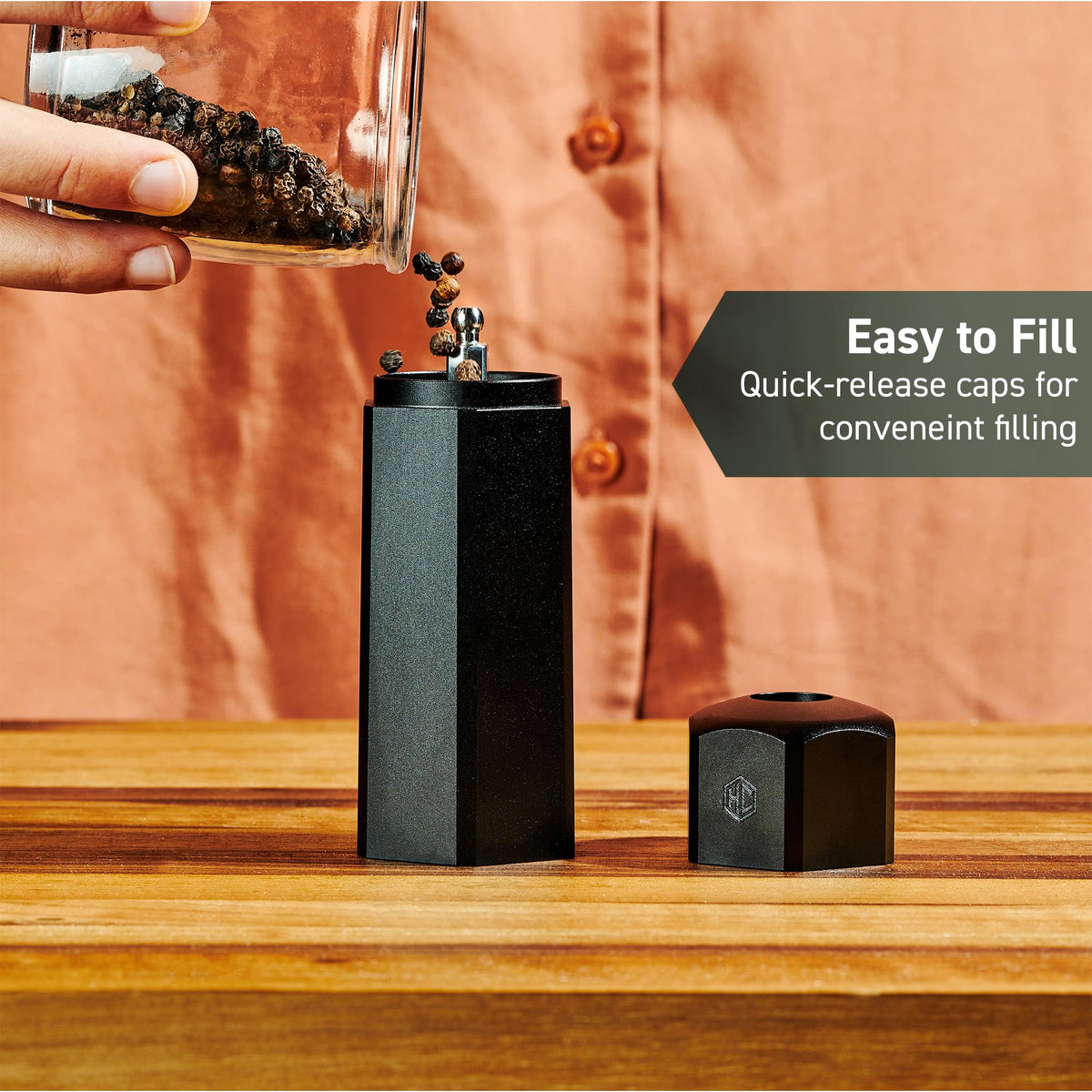 HexClad HexMill Tabletop Salt and Pepper Grinder Set with Stand, 10 Adjustable Grind Settings, High-Efficiency Burr, Solid Milled Aluminum Build, Easy-Fill Cap, Convenient 5.25" Size for Tabletop Use