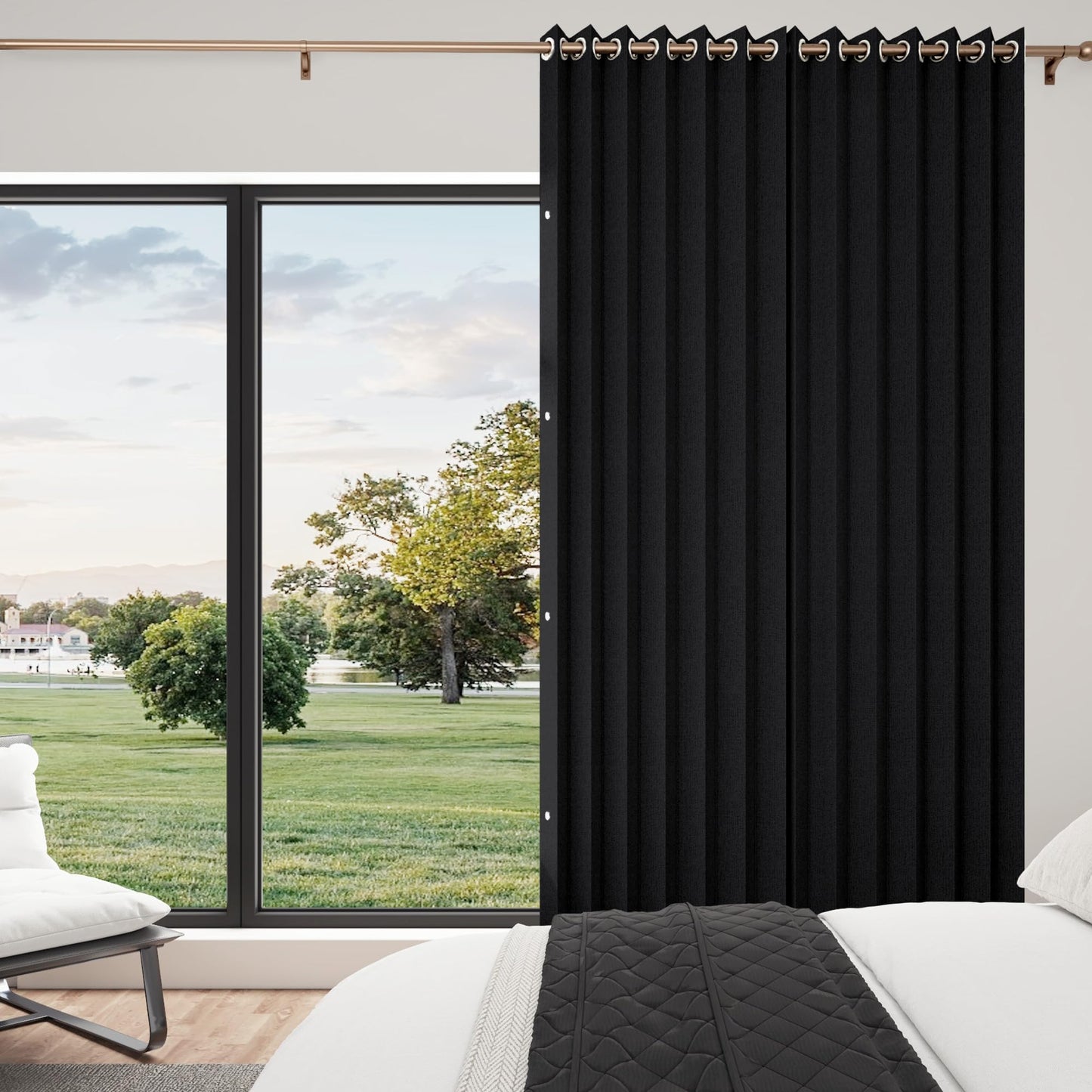 HMYI Blackout Faux Linen Pinch Pleat Curtain - Heavyweight, Light Reducing, Privacy Assured for Bedroom/Theater/Office, 1 Panel, W52 x L96, Black