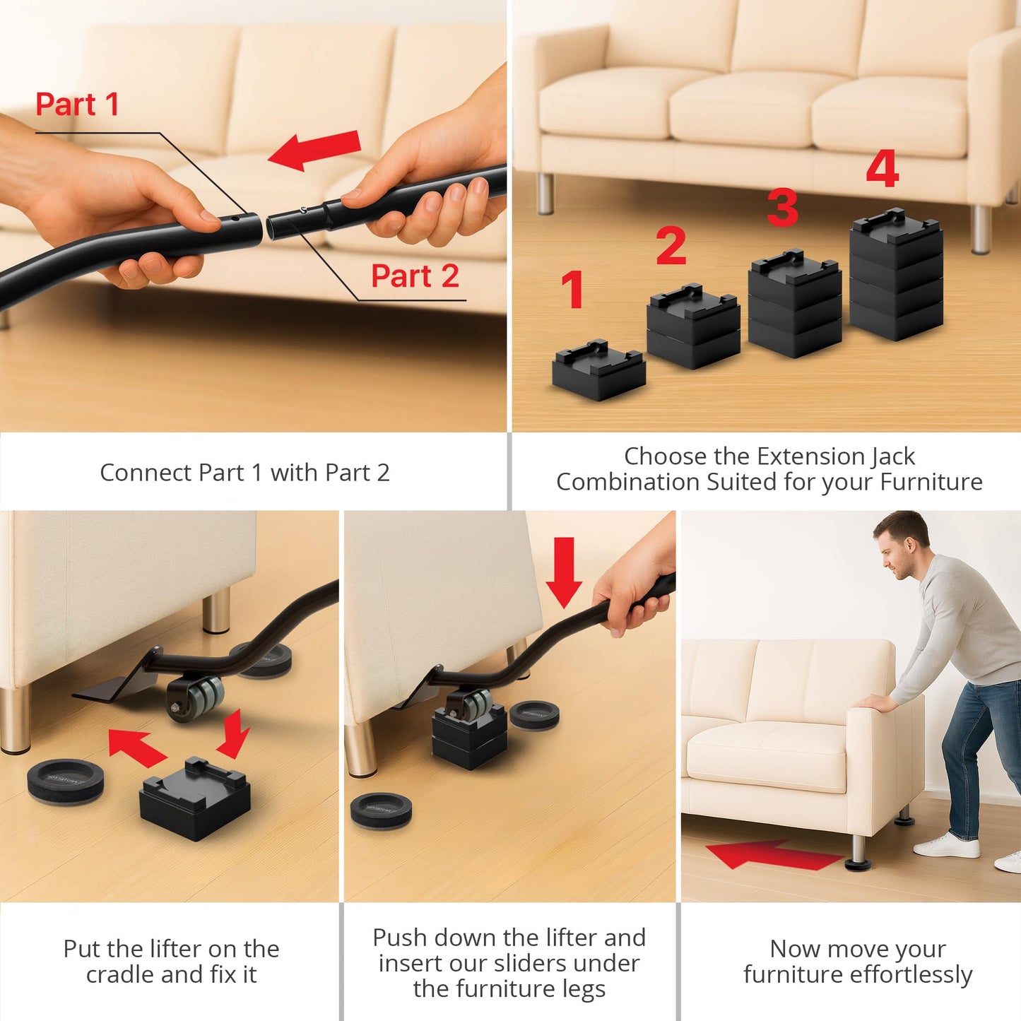 X-Protector Felt Furniture Sliders for Hardwood Floors & Furniture Lifter Tool Set - 4 PCS 3 1/2" Sliders for Furniture with Furniture Jack. Move Your Furniture Easily with Premium Furniture Movers!